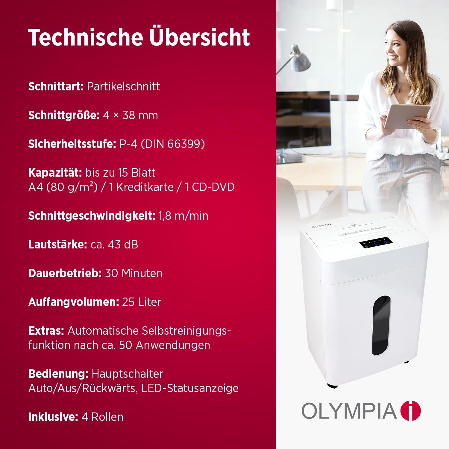 Olympia CC 2515 S Distruggidocumenti | Trituratore per carta & Shredder per documenti, CD, DVD e carte di credito | Trituratore P4 taglio a particelle | 15 fogli | 25 l