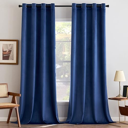 ANRODUO Dark Blue Velvet Curtains 96 Inches Long Blackout Thermal