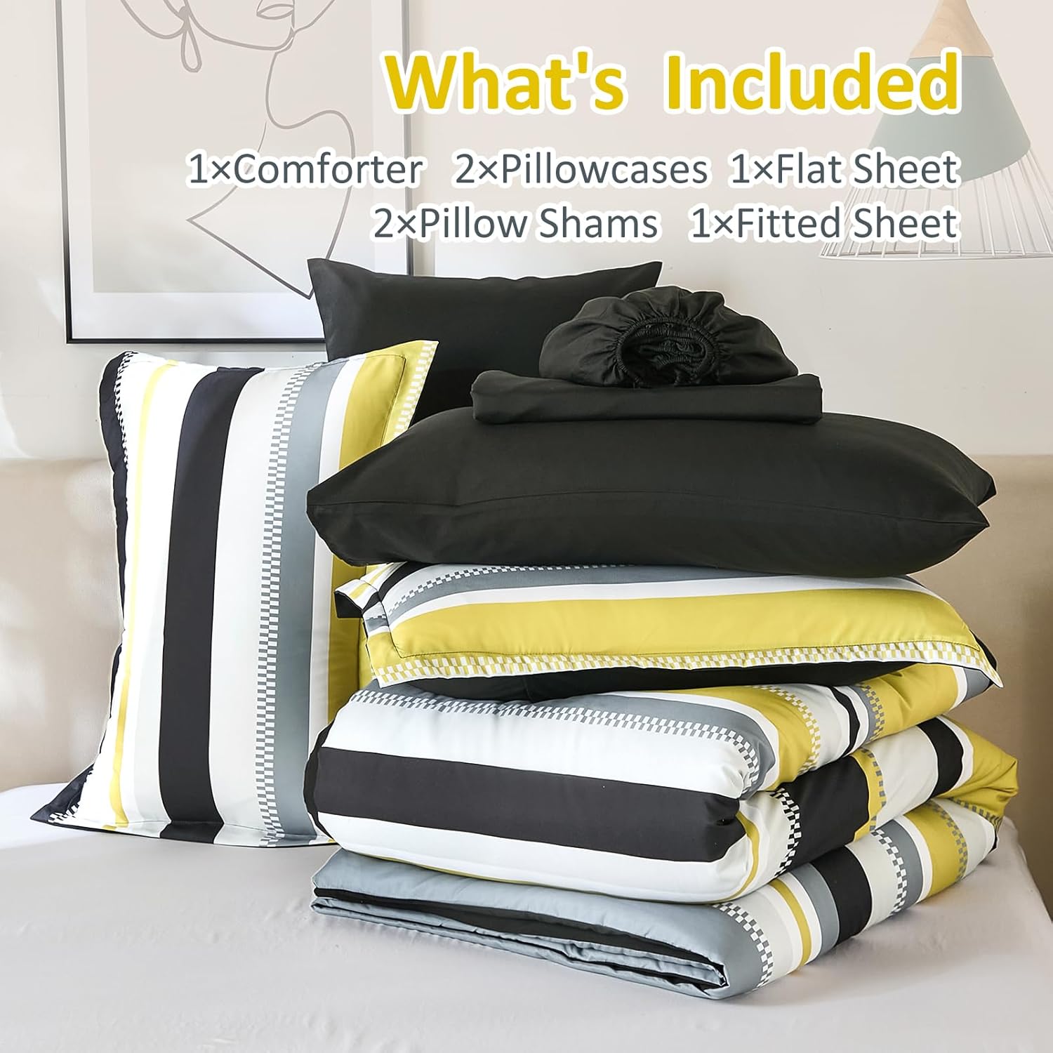 WONGS BEDDING Yellow Comforter King Size Set, 7 Pieces Bed in a Bag Yellow and Black Comforter Set, Soft Boho Striped Bedding Sets with Sheets, Pillowcases & Shams - Image 6