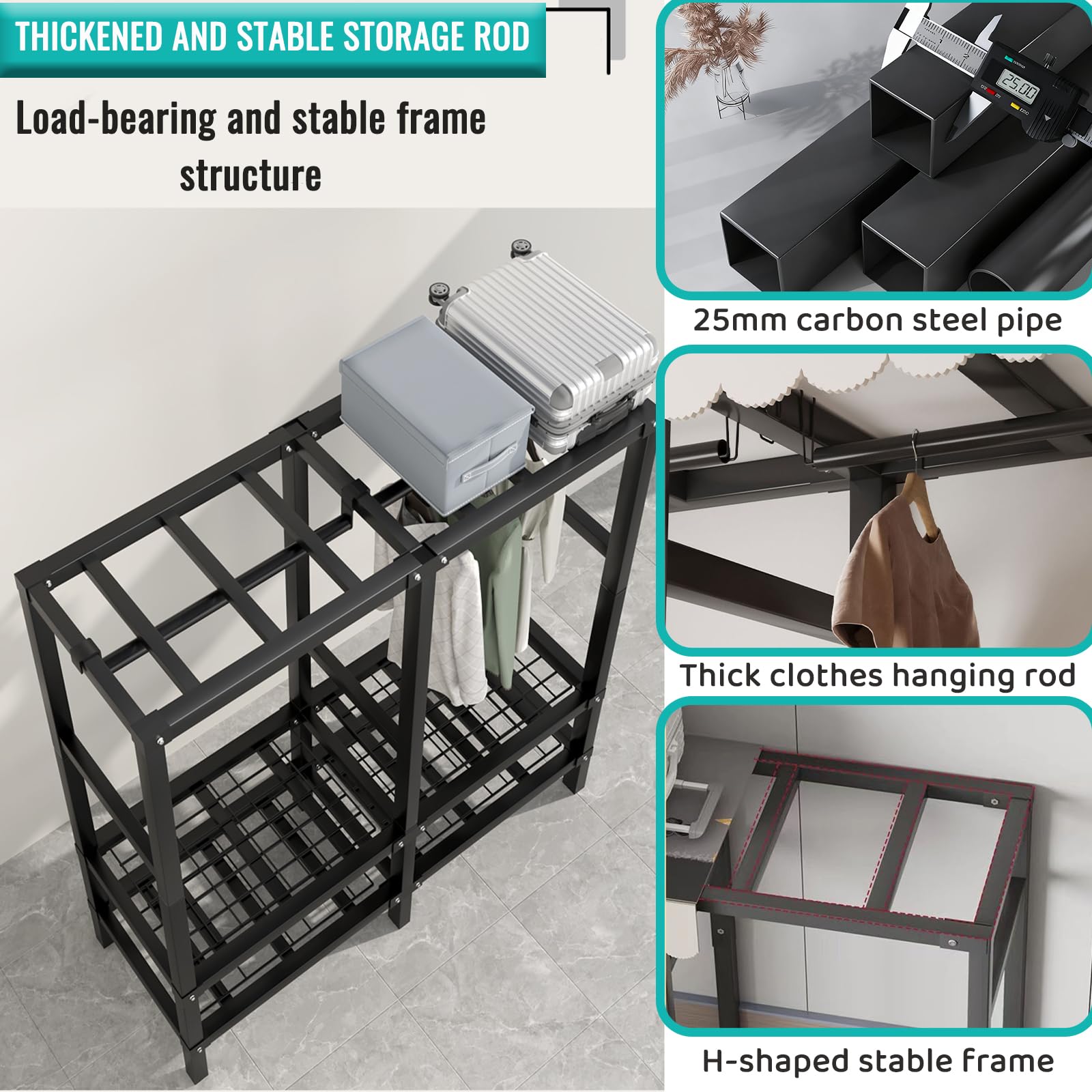 Mobiler Industrieller Kleiderständer mit Rädern, zusammenklappbarer Kleiderständer zum Aufhängen von Kleidung, tragbares Kleiderschrank-System,A,49.2"/125CM
