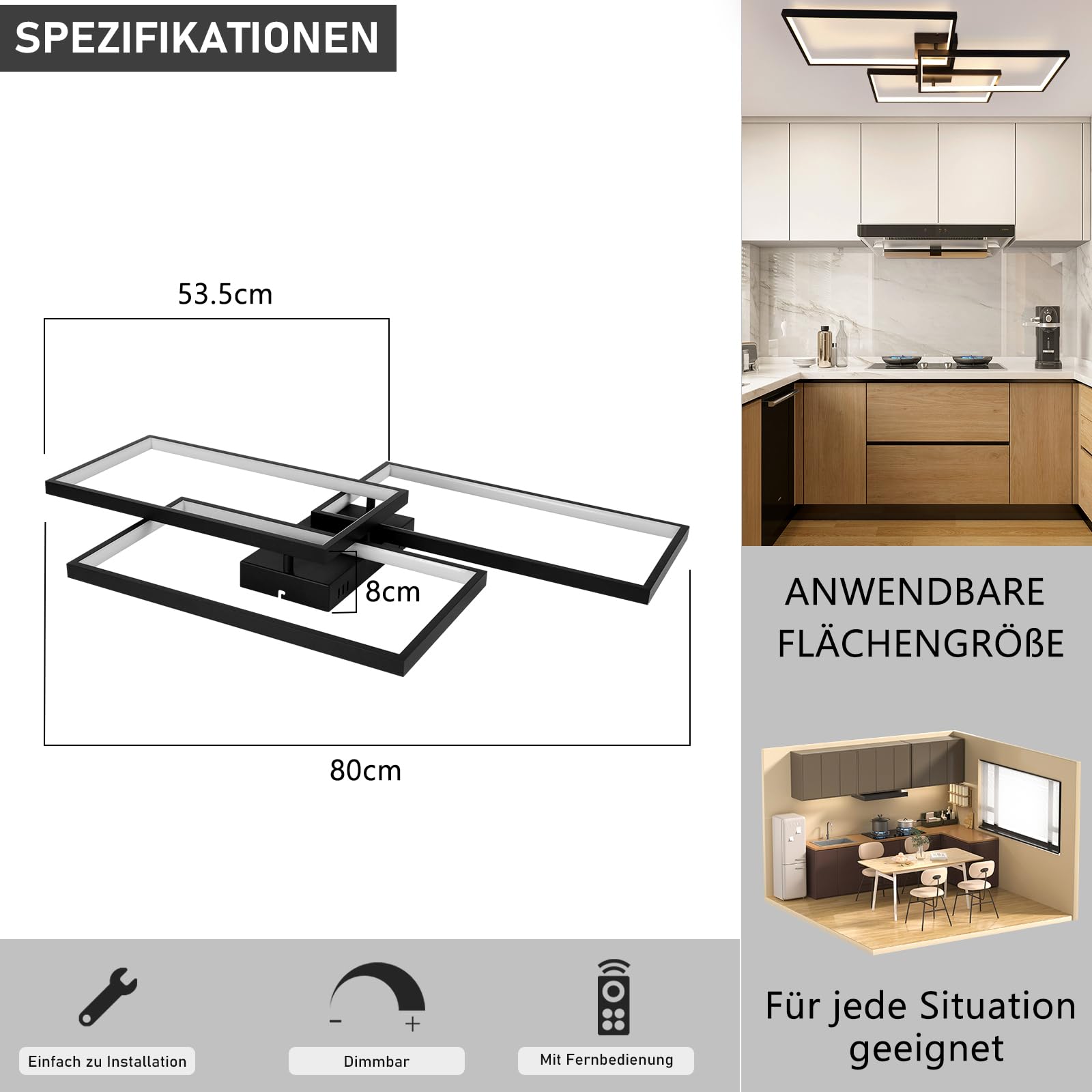 CBJKTX Nowoczesna lampa sufitowa do salonu, 80 cm, czarna lampa sufitowa LED, możliwość ściemniania, 74 W, z pilotem, metaliczna konstrukcja, do pokoju dziecięcego, biura