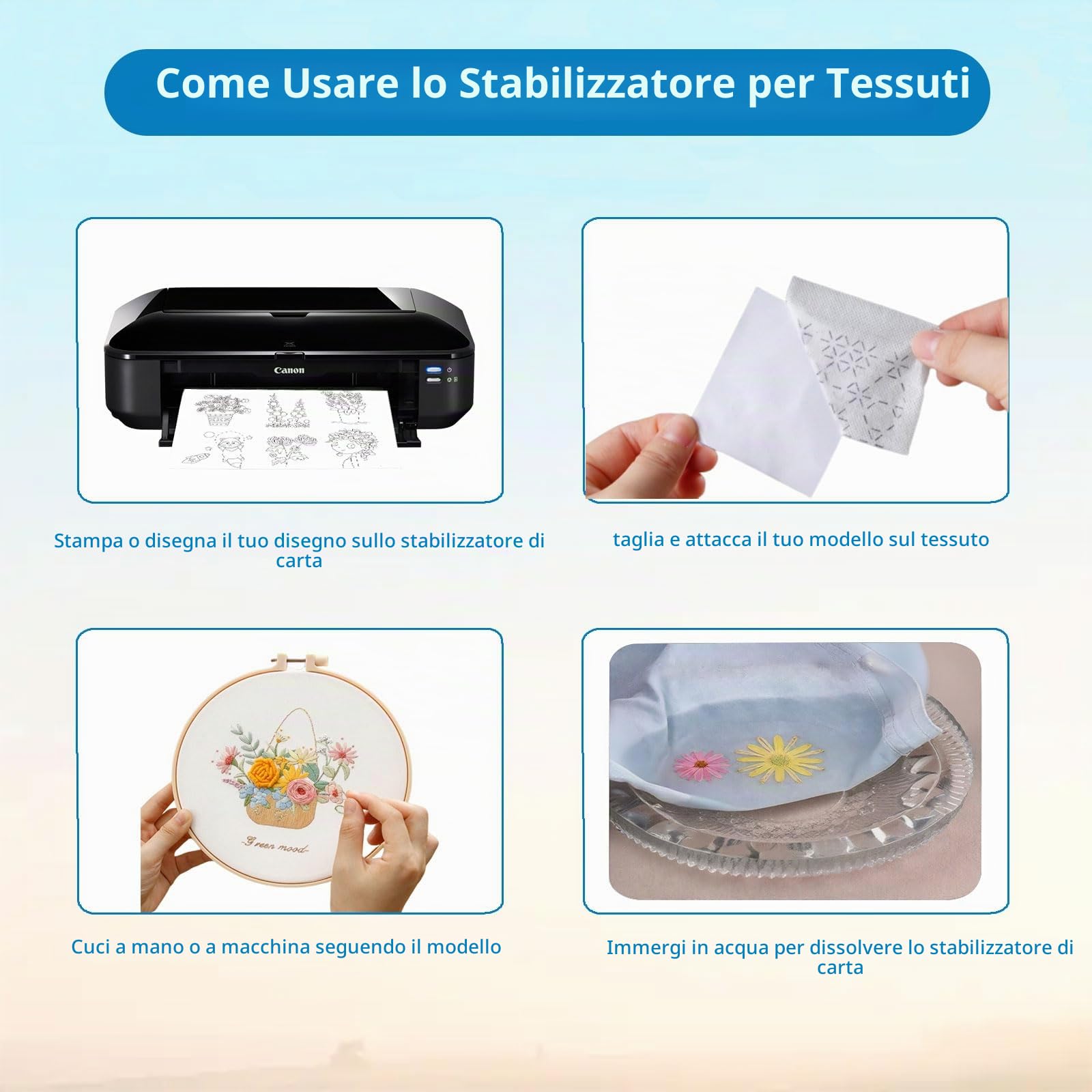 Stabilizzatore Idrosolubile per Ricamo [24 Fogli] Carta Ricamo Autoadesiva Stampabile Supporto Solubile in Acqua per Ricamo a Mano e Macchina, Cucito, DIY, Patchwork e Punto Croce