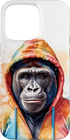iPhone 15 Pro Max Gorilla Hoodie Monkey Colorful Animal Art Print Graphic Case