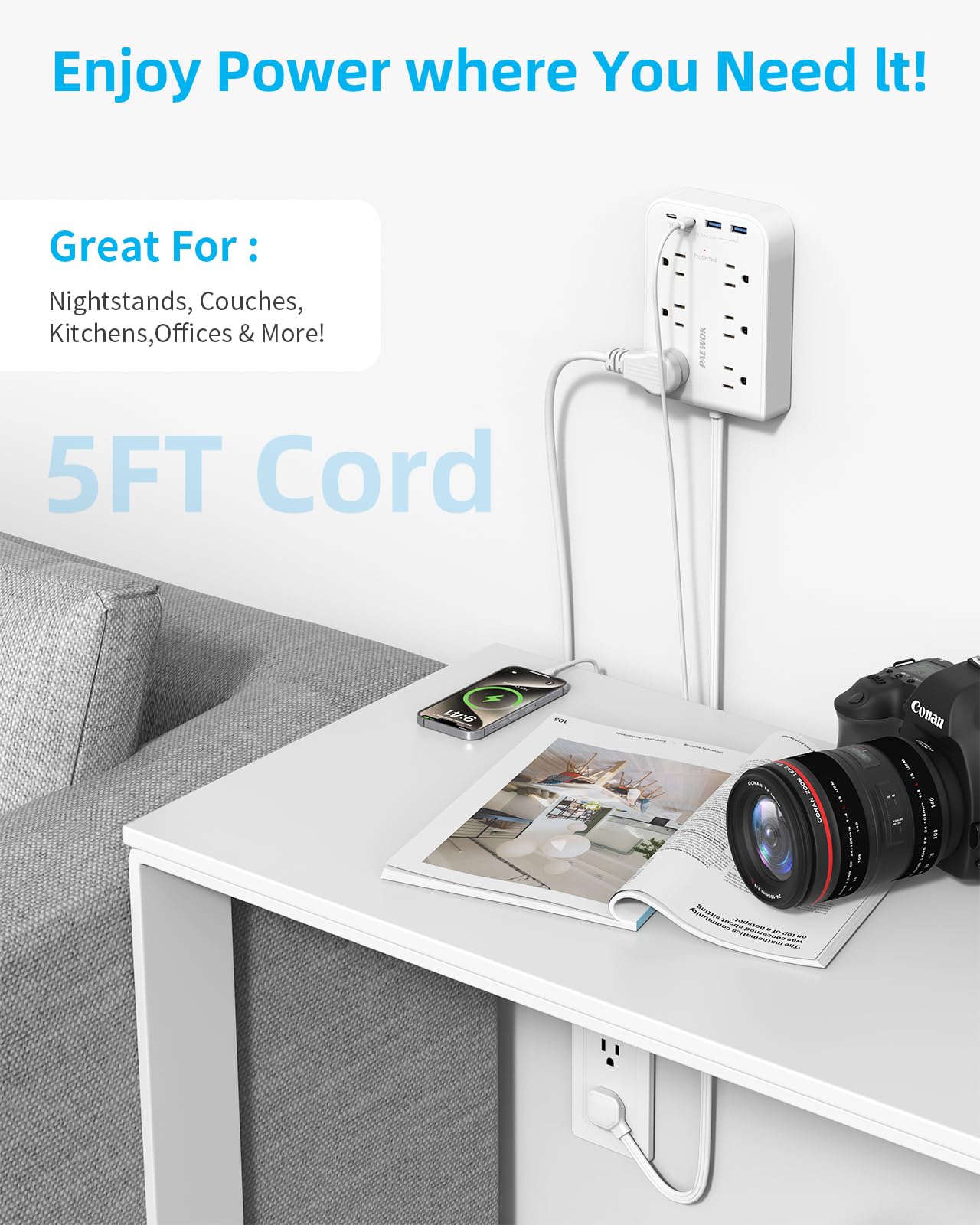1,5 m Flachsteckerverlängerung mit 4 USB(2 USB C), 6 Steckdosen, Multi-Stecker Expander Wandladegerät, ultradünne Verlängerungskabel, Überspannungsschutz