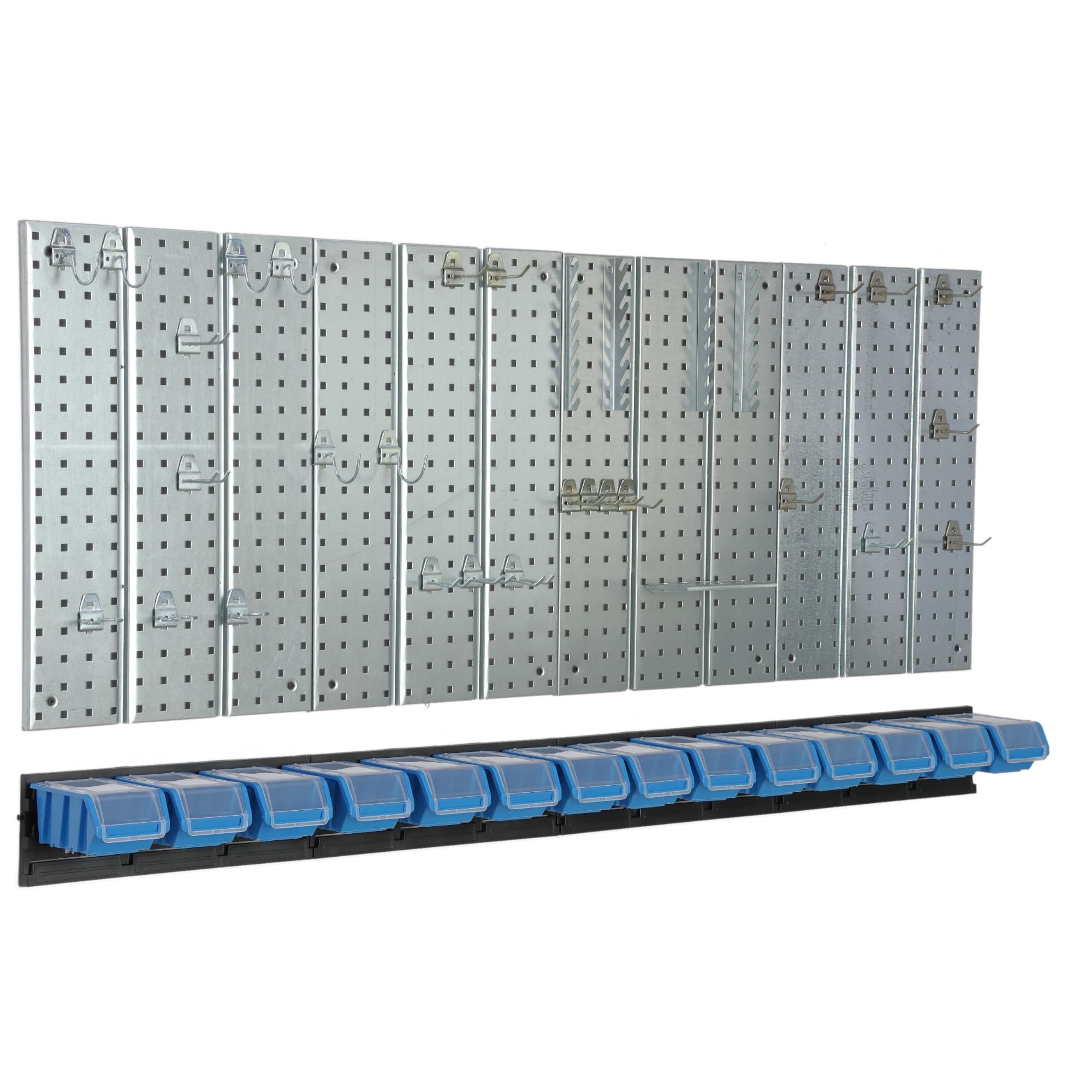 Panel de herramientas de metal 156 x 72 cm, sistema de almacenamiento con portaherramientas, ganchos para herramientas y 14 cajas apilables, 100 x 150 x 70 mm, color: azul, tablero perforado para