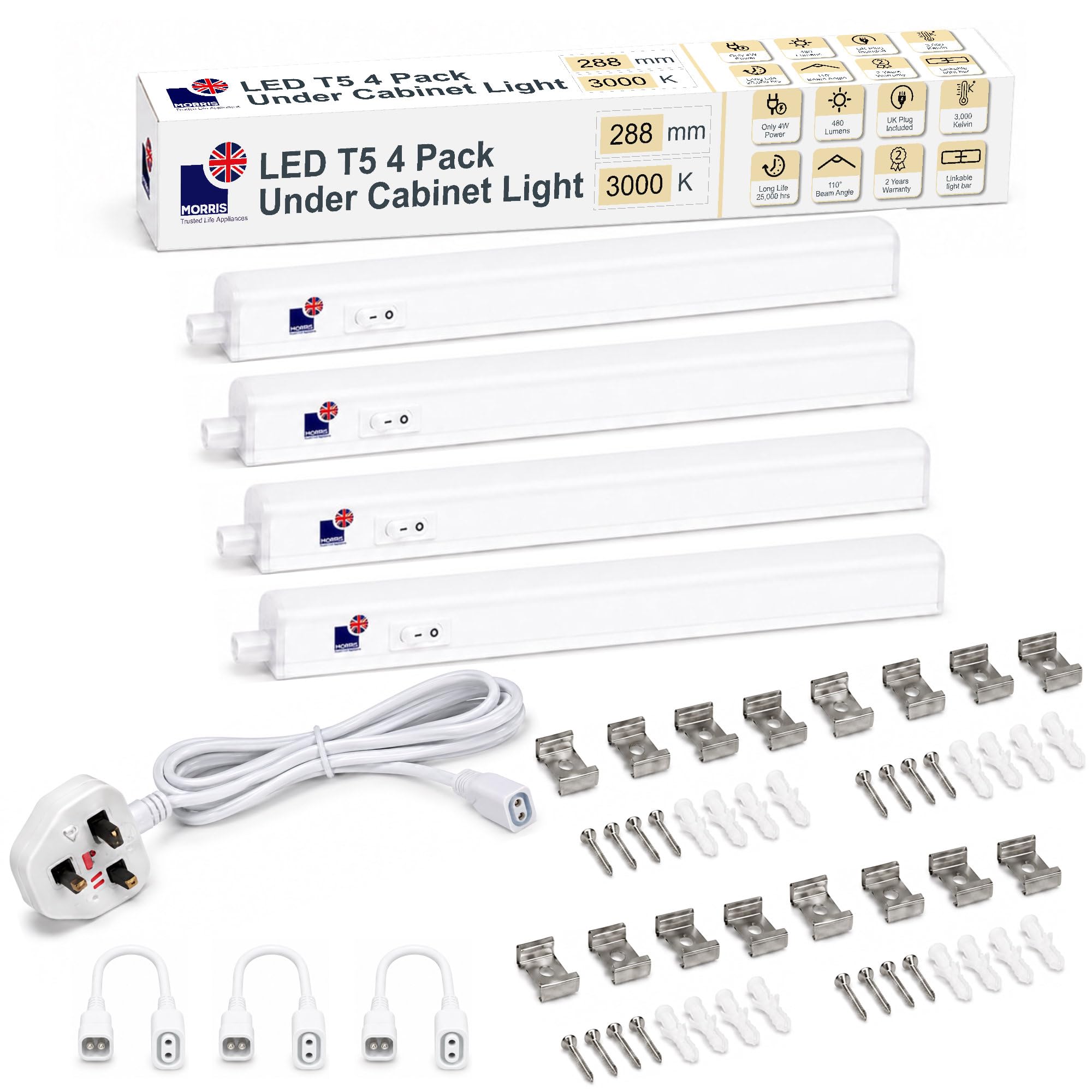 Morris LED Under Cabinet Kitchen Lighting Linkable - 288mm, 6500k โ image 1