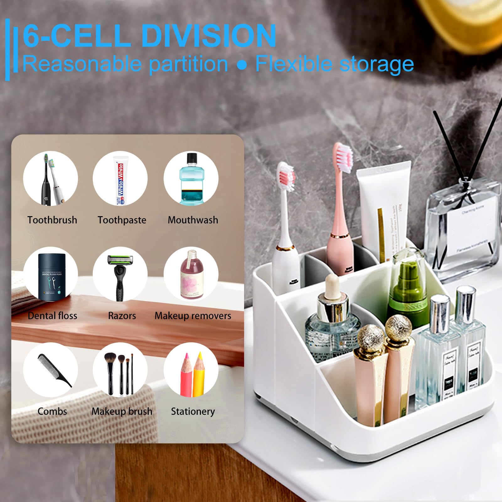 Soporte para cepillo de dientes para baño, desmontable para una fácil limpieza, organizador de almacenamiento multifuncional para encimera, 6 ranuras para cepillo de dientes eléctrico y pasta de