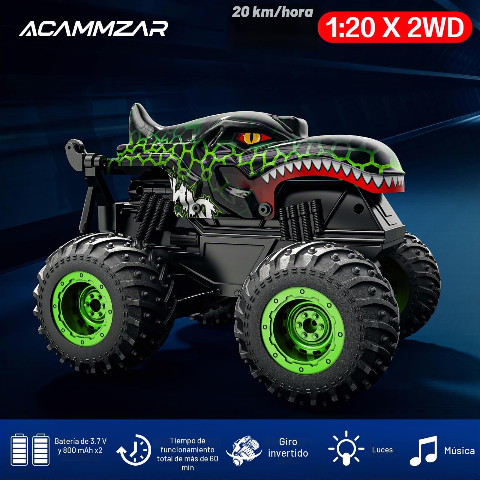 ACAMMZAR Coche Teledirigido, Dinosaurio Monster Truck Radiocontrol, 2.4GHz 20+Km/h RC Stunt Coche, Crawler Camiones con Luz Led y Música,de Juguete para niños de 4 6 8 9 12 años Adulto