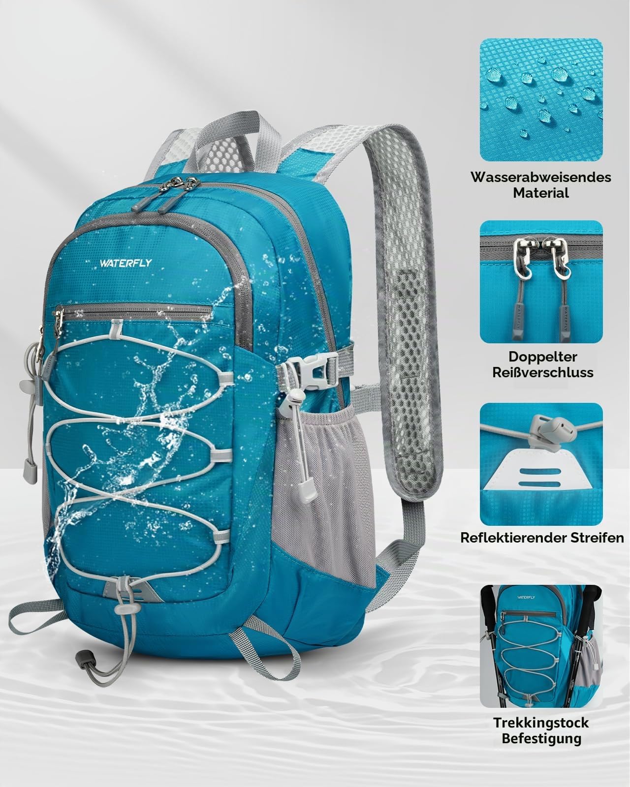 WATERFLY Rucksack Klein Faltbarer Rucksack: 15L Ultraleicht Wanderrucksack Foldable Backpack mit Atmungsaktiver Schultergurt Outdoor Sportlich Tagesrucksack für Wandern Travel Herren Damen