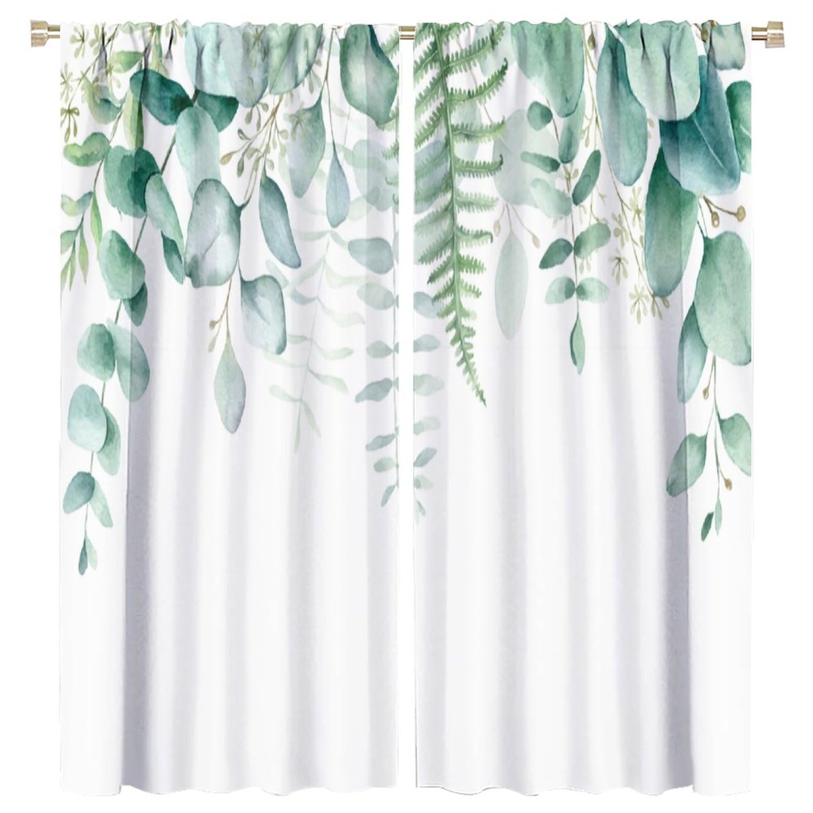 Green Eucalyptus Leave Curtains Watercolor Sage Spring Botanical Blackout Print Rod Pocket Window Drapes for Bedroom Living Room 63x72in