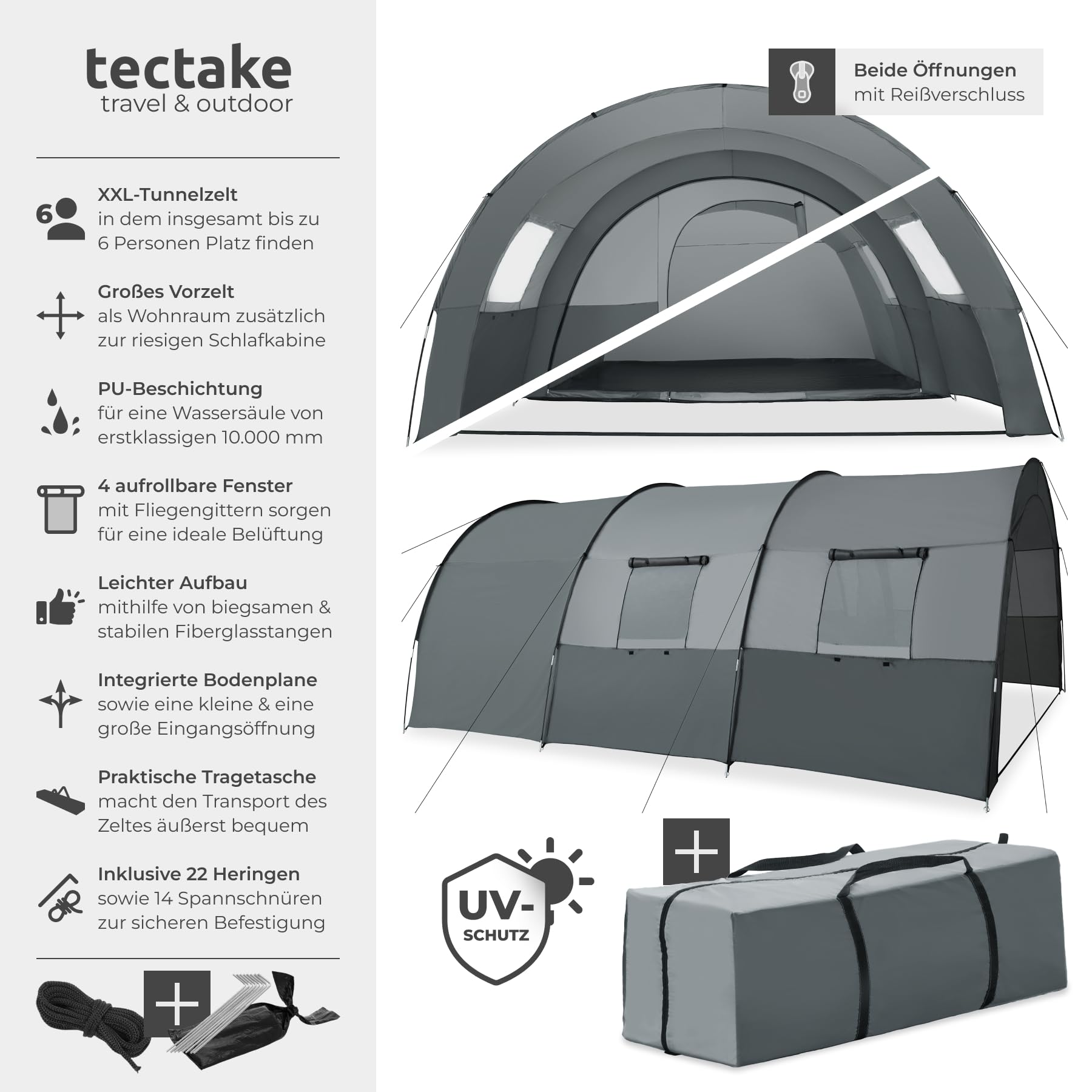 tectake® Tunnelzelt, 6 Personen, Familienzelt, Zelt groß mit Vorzelt und Bodenplane, UV-Schutz, Camping Zelt inkl. Tragetasche, 350 x 480 x 195 cm - dunkelgrau/hellgrau