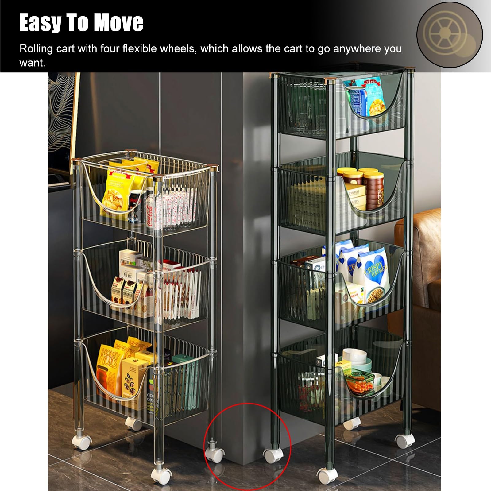 Scaffale per snack Scaffale mobile for frutta/verdura a 2 3 4 livelli, carrello for snack trasparente a U da pavimento for dispensa cucina camera da letto, carrello della spesa girevole con ruote e ga