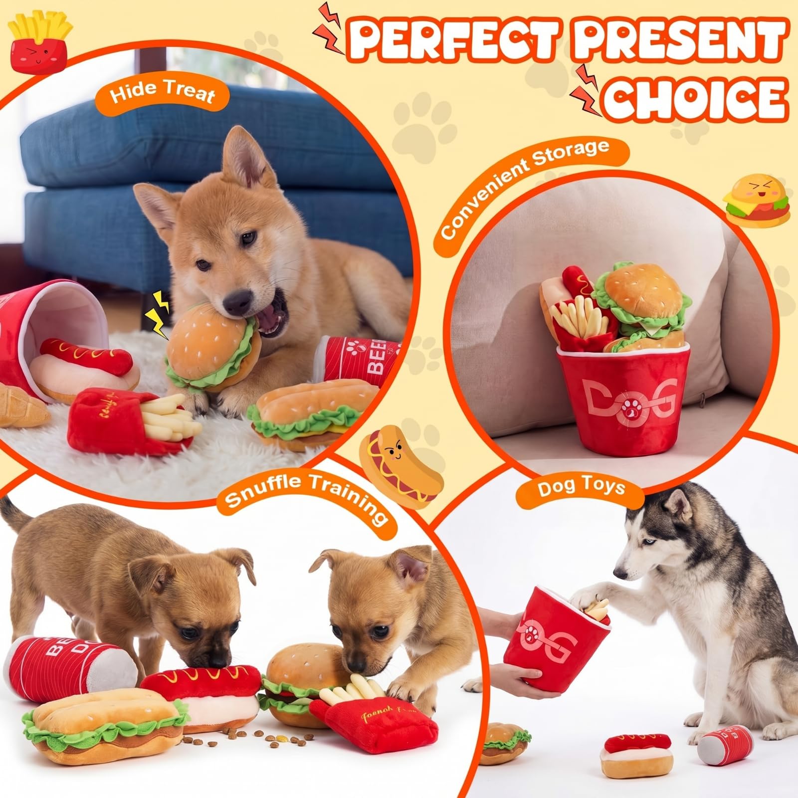 Skylety Lot de 6 jouets en peluche pour chien - Jouets couineurs en peluche en forme de nourriture rapide - Burger frites, cola - Seau à pattes de poulet pour chiens de petite, moyenne et grande