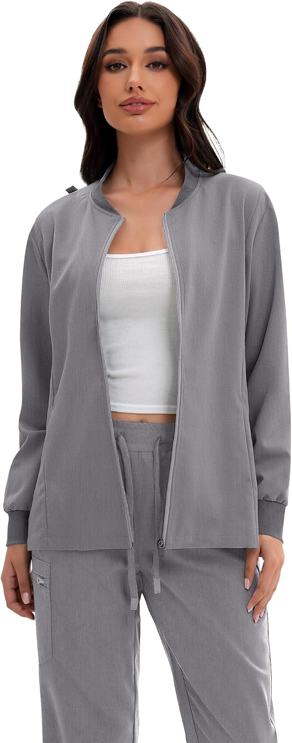 Scrub Jacket for Women, Zip Front Warm-up Uniform Coat with 4 Pockets, Ultra Soft and Durable