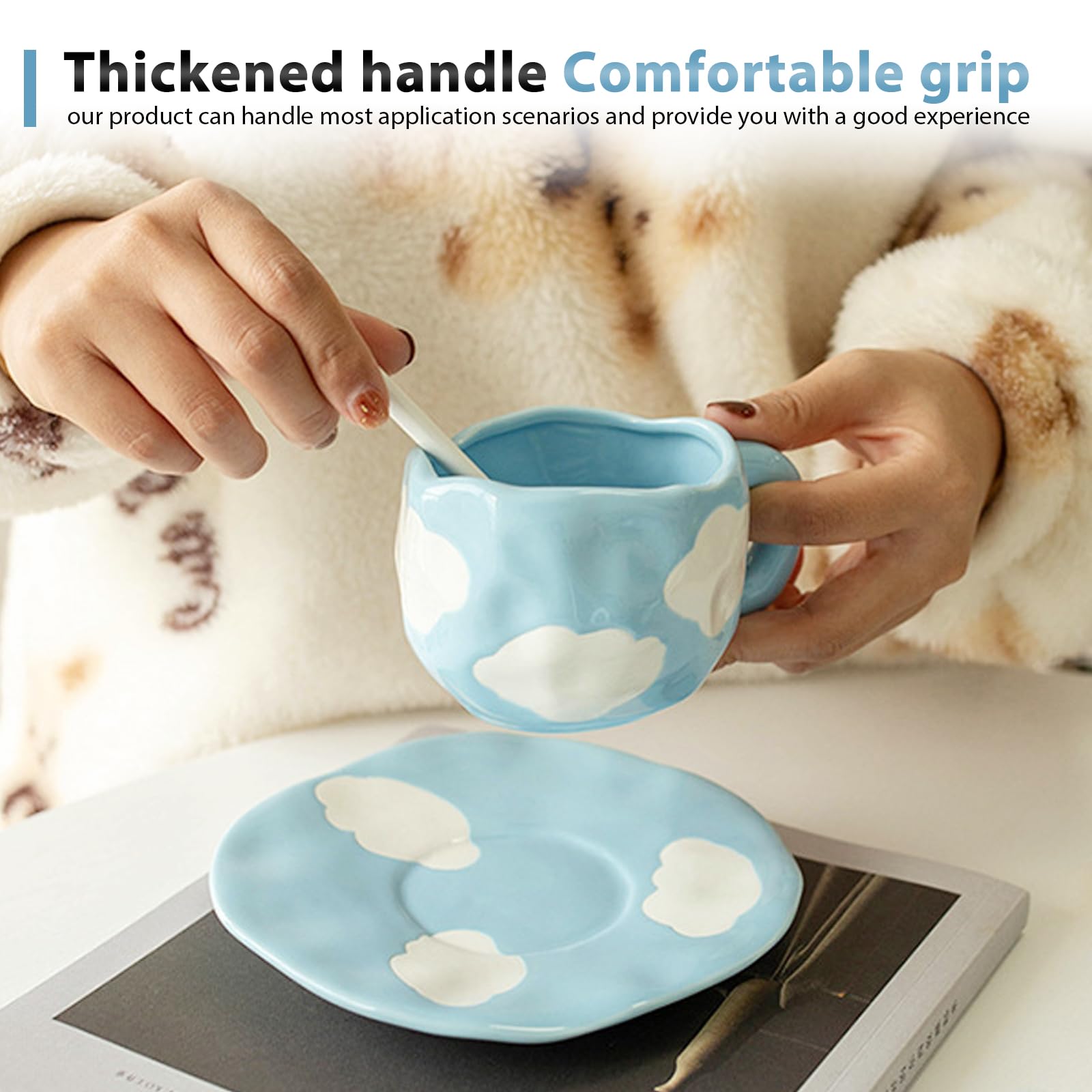 Set Tazze Ceramica Nuvole Dipinte A Mano - 250ml Con Piattino, Design Irregolare Creativo - Foto 6