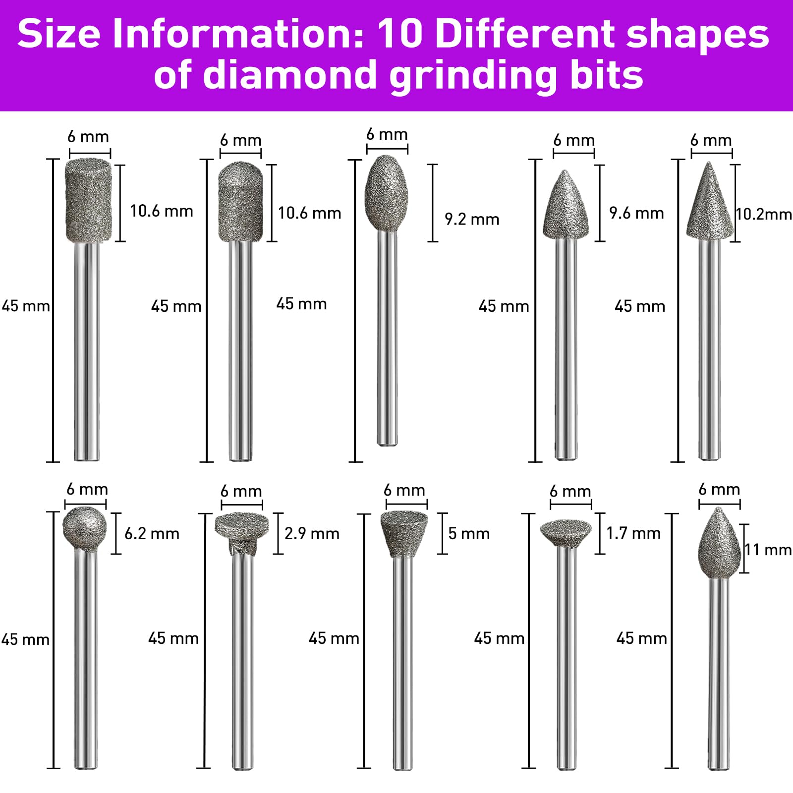 12 pezzi Set di frese diamantate, granulometria 120, frese diamantate per smerigliare, compatibili con utensile rotativo Dremel con codolo da 1/8", adatti per intaglio, levigatura, lucidatura