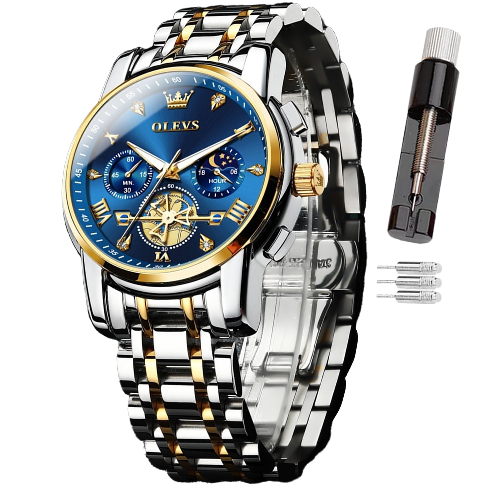OLEVS Reloj para Hombre, con código de Tiempo, Correa de Acero Inoxidable, Resistente al Agua, Multifuncional, subesfera, Reloj de Negocios, Cuarzo Redondo, Relojes de Lujo para Hombre