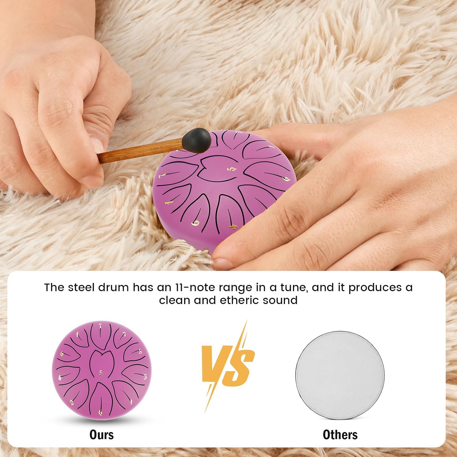 Steel Tongue Drum, Drum Percussion Instrument, Meditation Drum, Light-Weight Balmy Rain Drum, Calming Ethereal Drum, Hand Drum Percussion with 2 Mallets for Meditation Yoga (Purple)