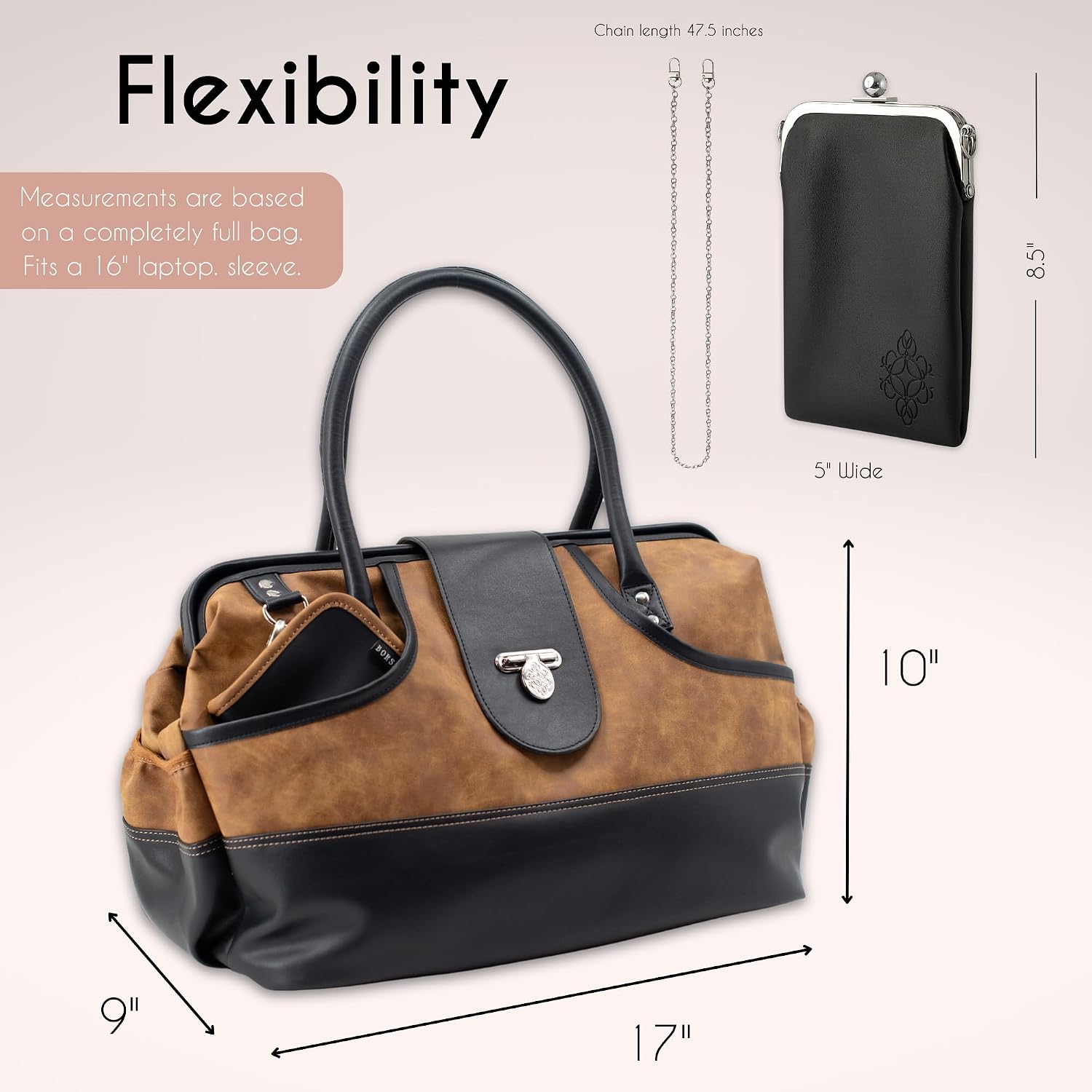 Borsali Weekender Bag for Women - Travel Carry On Duffel -Vegan Leather with Travel Wallet, Packing Cubes, Shoe Covers & Glasses Case (Brown/Black)