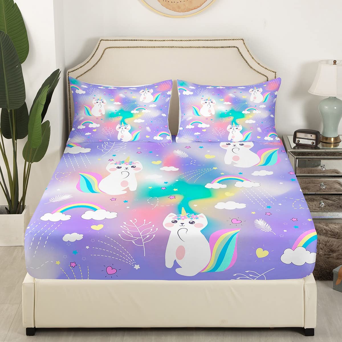 Kitten Unicorn Fitted Sheet Single Size, Kawaii Cat Unicorn Bed Cover with 1 Pillowcase - Image 3