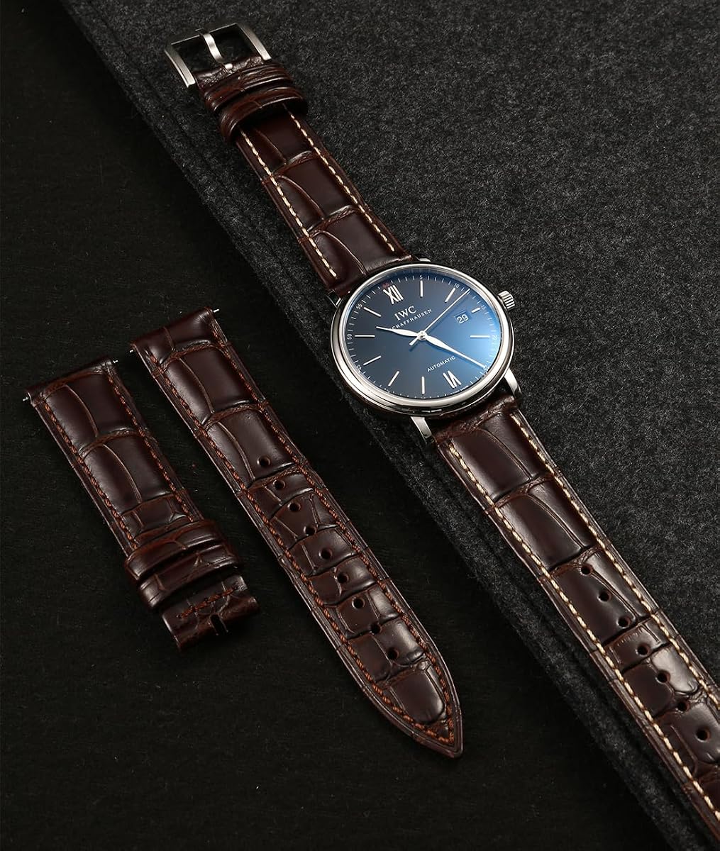 REZERO Leather Watch Band for Men, Quick-Release Alligator Grain Embossed