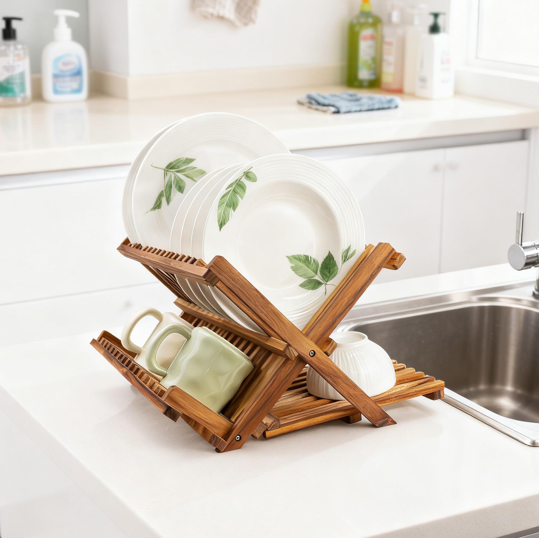 Utoplike Secador de Platos Plegable de Madera de Teca de 3 Niveles | Escurridor de Platos Plegable de Gran Capacidad, Organizador de Cocina para Platos y Tazas Que Ahorra Espacio