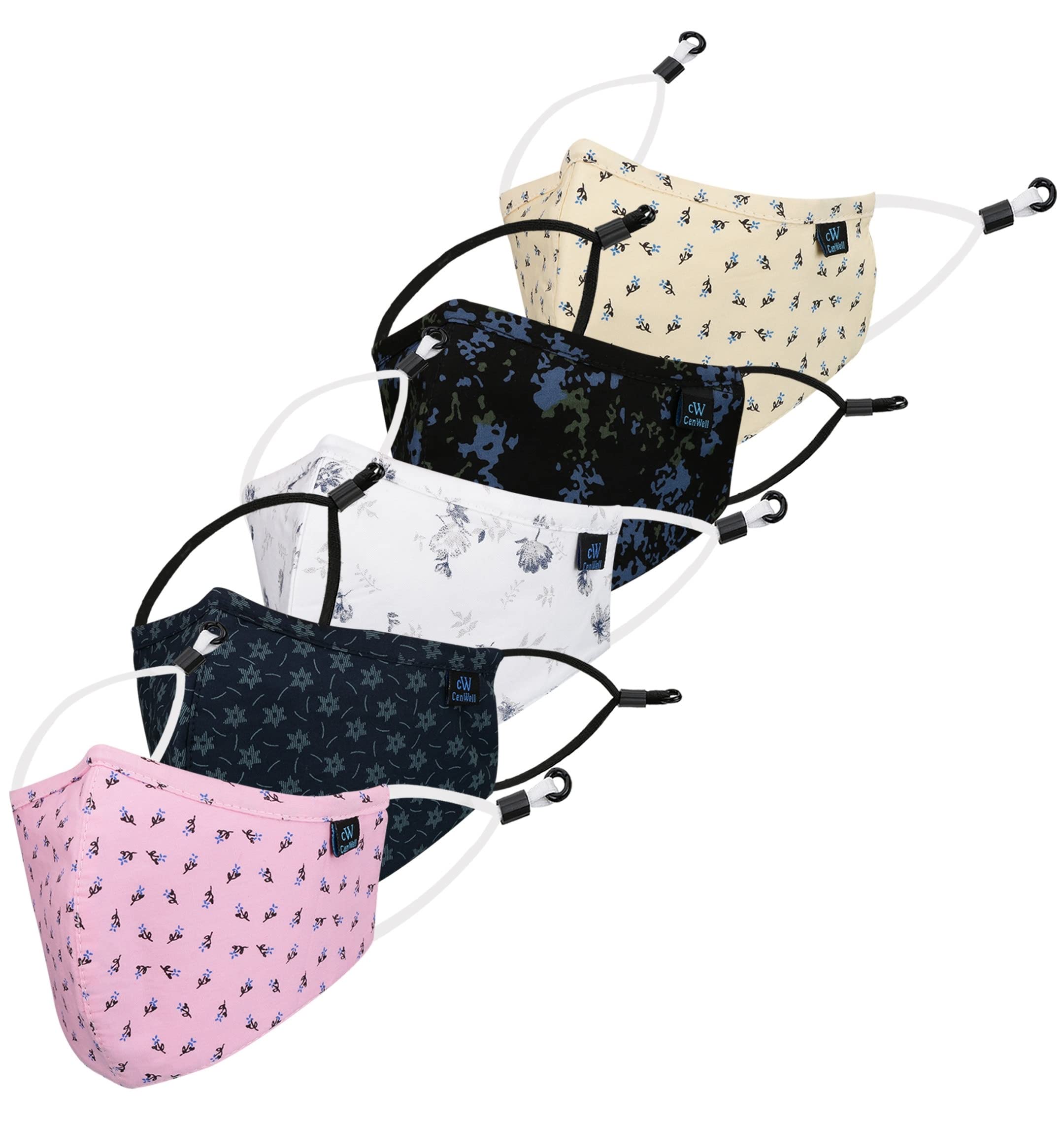 Cenwell 5 Pcs Pure Cotton Face Mask with Nose Pin, Melt Blown Layer, Adjustable Ear Loop & Ear Saver Strap, Reusable Washable Fabric Mask For Men & Women