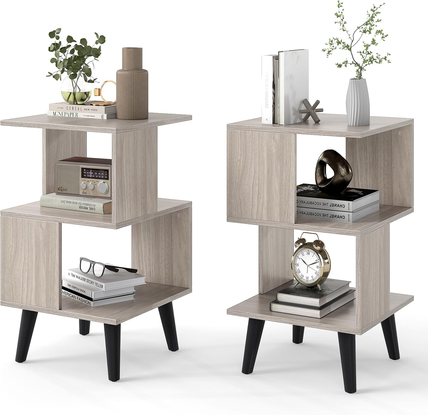 GOFLAME 3-Tier End Table Set of 2, Wood Sofa Side Table with Open Storage Shelves, Plastic Legs, Geometric Bedside Table, Modern Nightstand for Living Room, Bedroom, Small Spaces, Gray