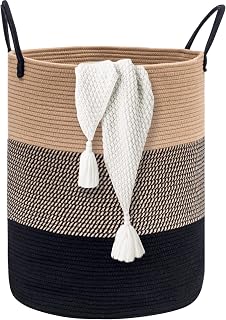 BRAIN & DANY 72L Woven Laundry Basket, Tall Cotton Rope Laundry Hamper with Handles, Large Dirty Clothes Basket Collapsible for Bathroom, Laundry Room Organization, Bedroom Storage, Brown & Black