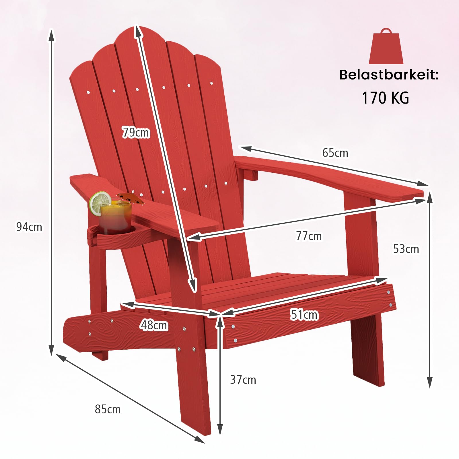 GOPLUS Adirondack Stuhl, Gartenstuhl ergonomisch mit Armlehnen, Hochlehner & Getränkehalter, Outdoor Stuhl wetterfest bis 150kg belastbar für Garten Hof Terrasse Balkon (Rot)