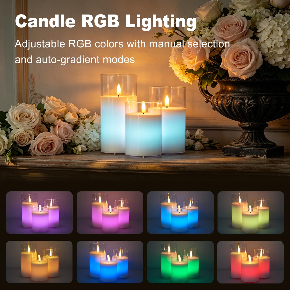 Wiederaufladbare RGB Flammenlose Kerze, Blinkende LED Stumpe Echtwachskerze mit Fernbedienung und Timer, Klarglas Elektronische Kerzen für Raumdekoration, 1 Set von 3