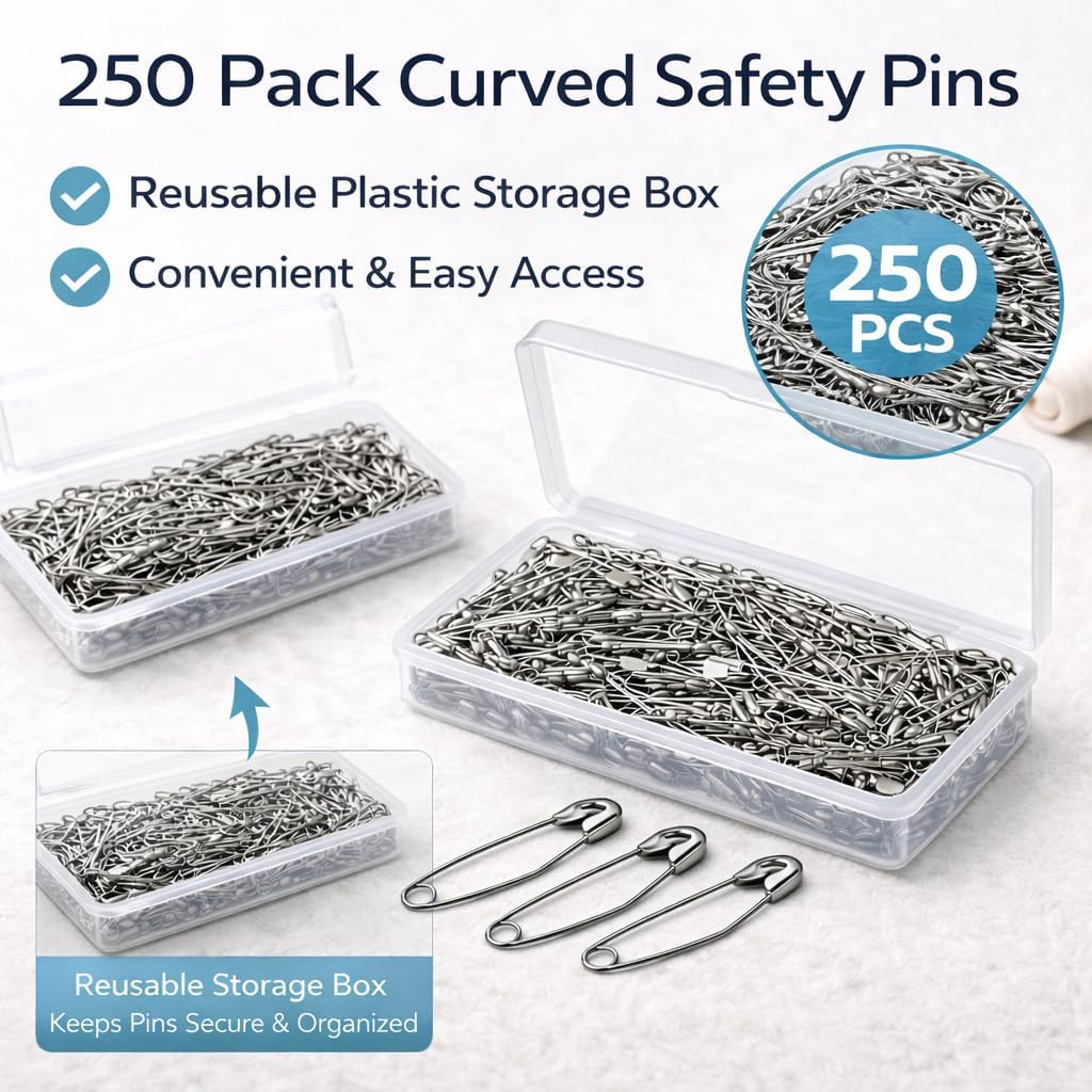 250 Pack Curved Safety Pins,1.5 Inch Quilting Basting Pins, Stainless Steel Curved Quilting Pins Bent Sewing Safety Pins for Sewing, Knitting, Fabric Holding & Craft Projects