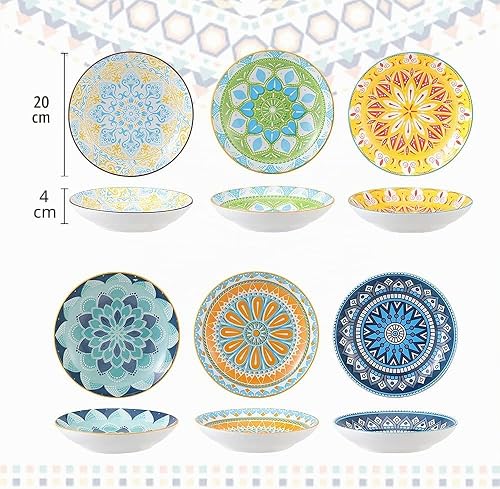 AHX Pasta Bowls Set of 6, 23 oz Shallow Ceramic Bowls for Pasta, Salad, Soup & More - Microwave, Dishwasher & Oven Safe - Colorful Pasta Bowls - 3