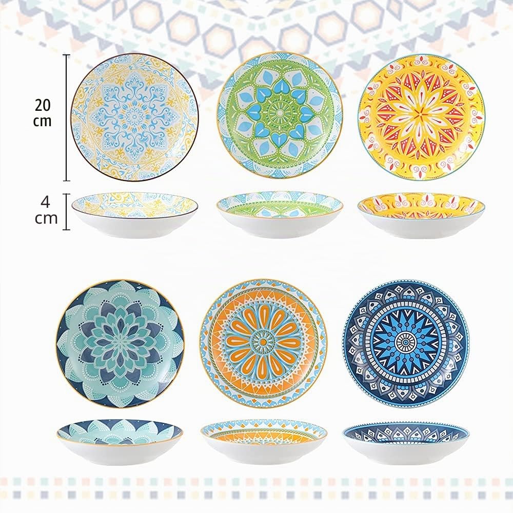 Assiettes Plates Assiette Creuse Porcelaine - Lot de 6 Assiette a Pates | Salade | Soupe | Dessert | Risotto - 680 ml - 20×4 cm