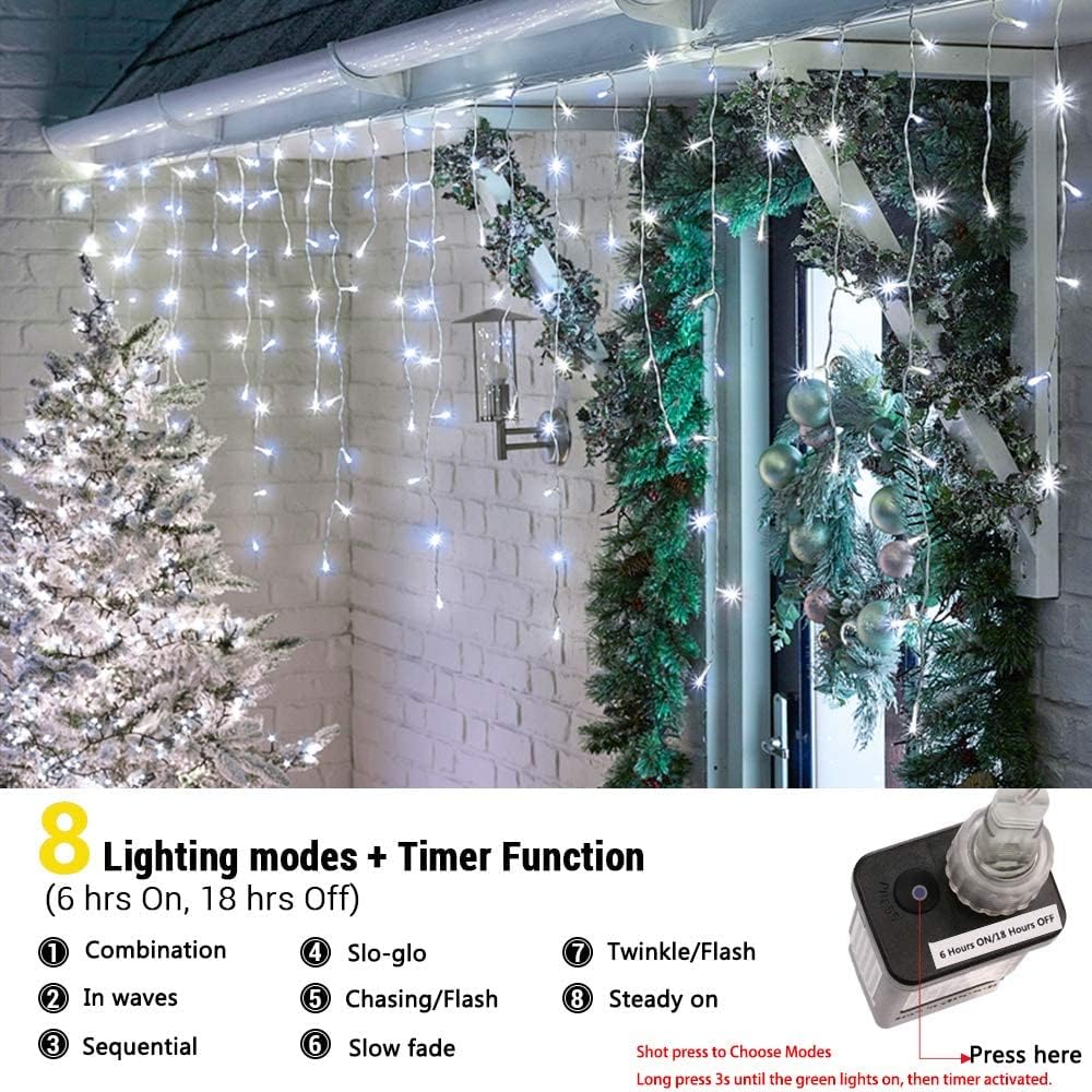 BrizLabs Luci Natalizie da Esterno Cascata, 20M 600 LED Luci Natale Impermeabile 8 Modalità con Spina Luci Natalizie Stringa Luci per Interno, Balcone, Tetto, Giardin, Fest, Bianco Freddo