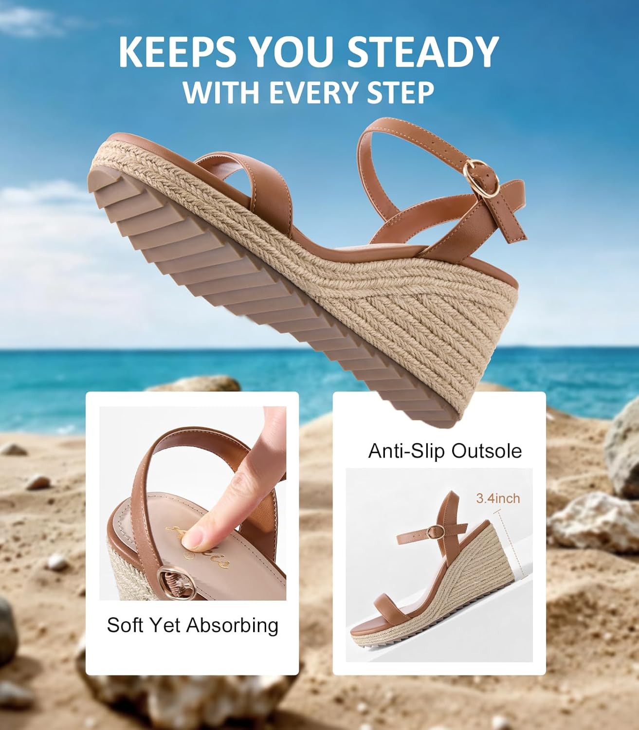 Ankis Platform Wedge Sandals for Women, Black Brown White Nude Espadrille Womens Wedge Sandals Comfortable Open Toe Ankle Strap High Heel Wedges for Women Dressy Summer -3.4Inch