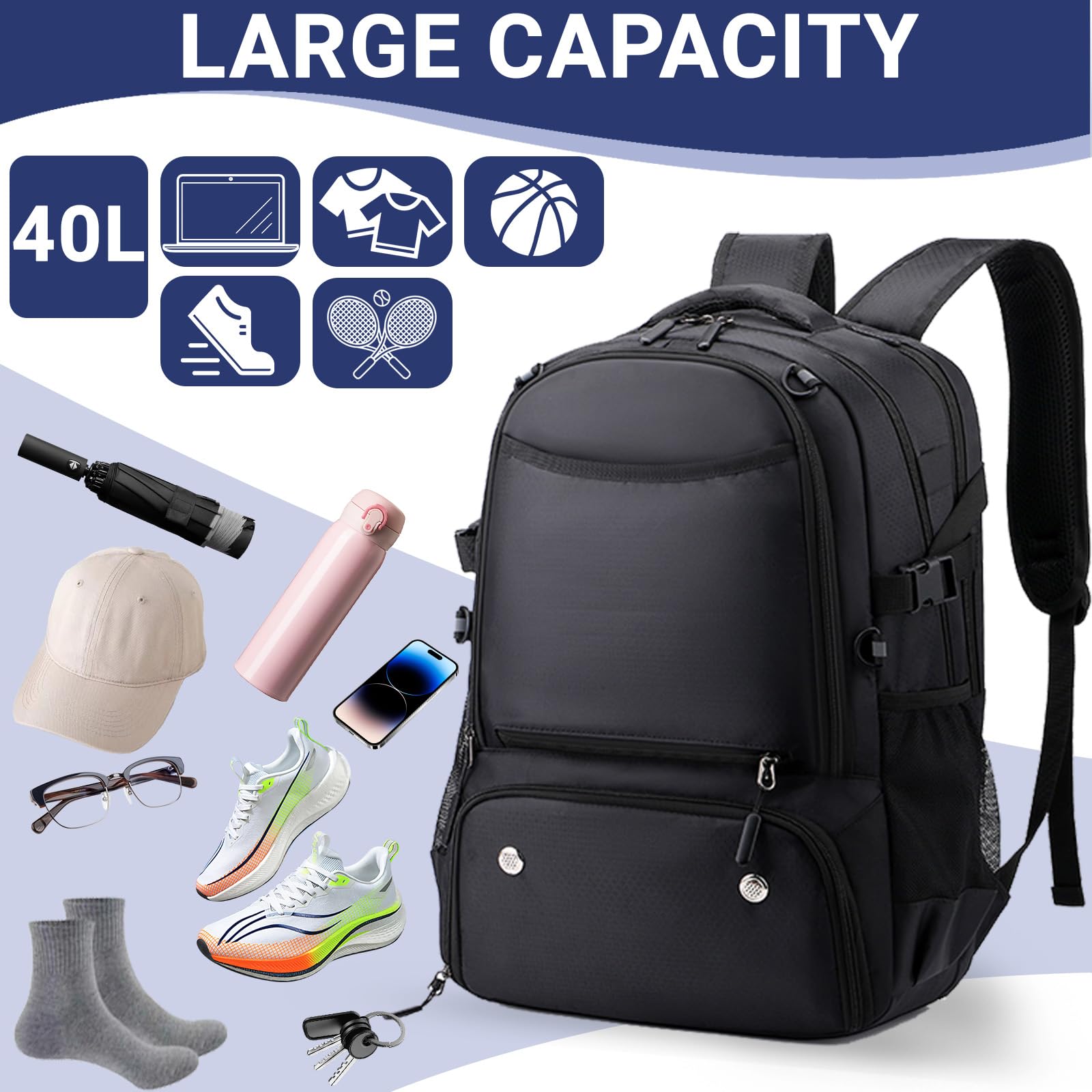 Sac à dos de basket-ball pour homme et femme avec compartiment pour ballon et chaussures, capacité 40L, léger et respirant, pour volley-ball, football, sport, voyage, école, salle de sport