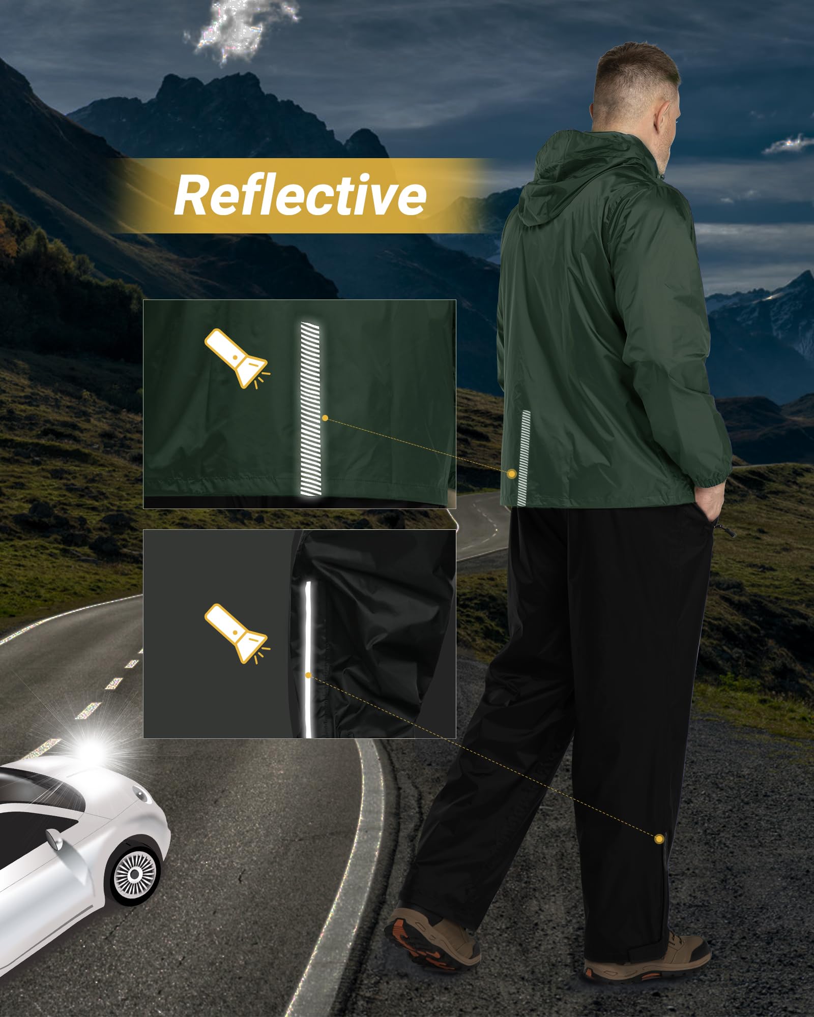 Męski i damski kombinezon przeciwdeszczowy, odblaskowy, wodoszczelny, pakowalna kurtka przeciwdeszczowa + spodnie przeciwdeszczowe, outdoorowe wyściełane ubranie przeciwdeszczowe, wiatroszczelny
