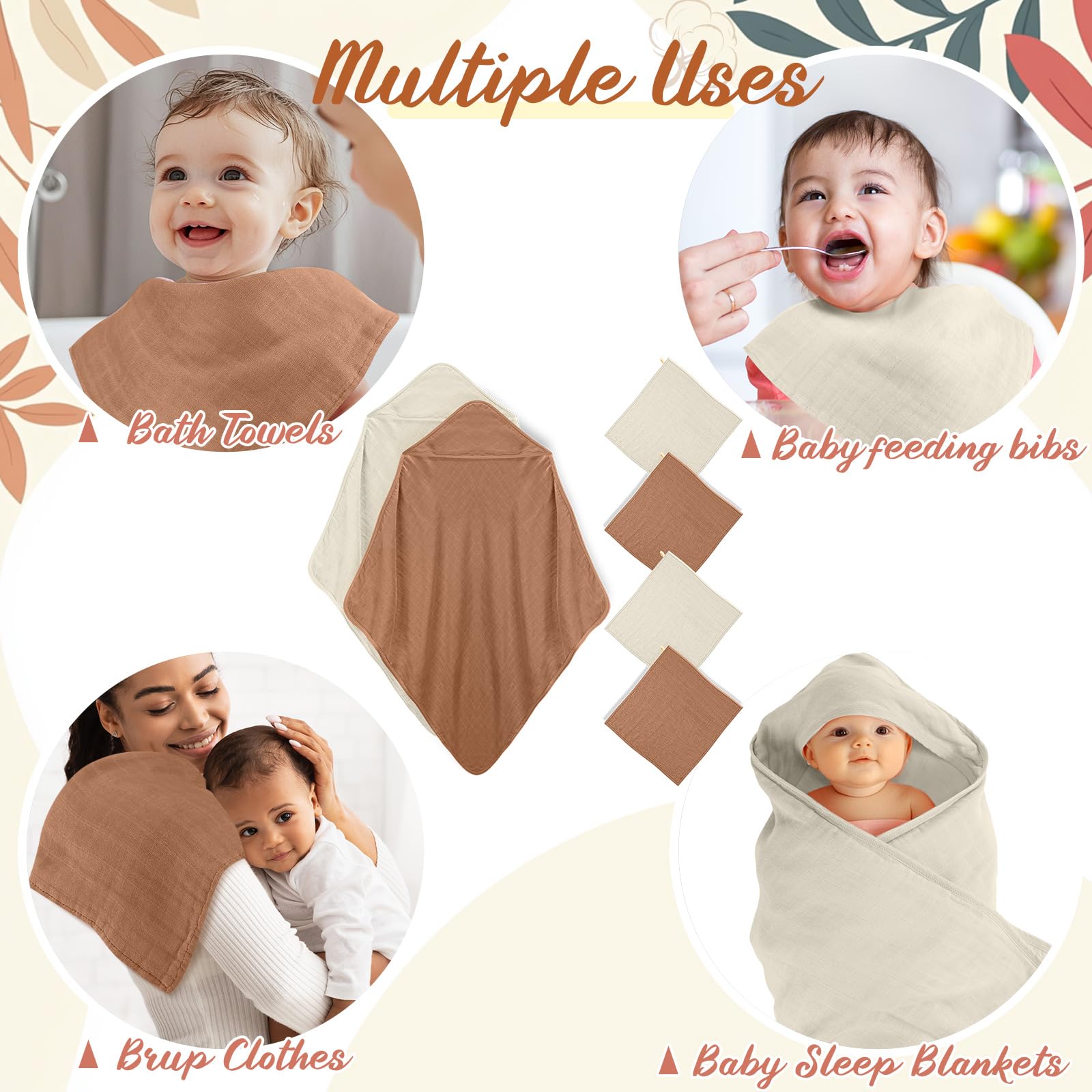 Preboun - Set mit 6 Baumwoll-Musselin-Spucktüchern mit Kapuze, 81,3 x 81,3 cm, weich, saugfähig, Baby-Kapuzen-Tücher, 27,9 x 27,9 cm, Musselin-Spucktücher für Neugeborene (Grau, Kaffee)