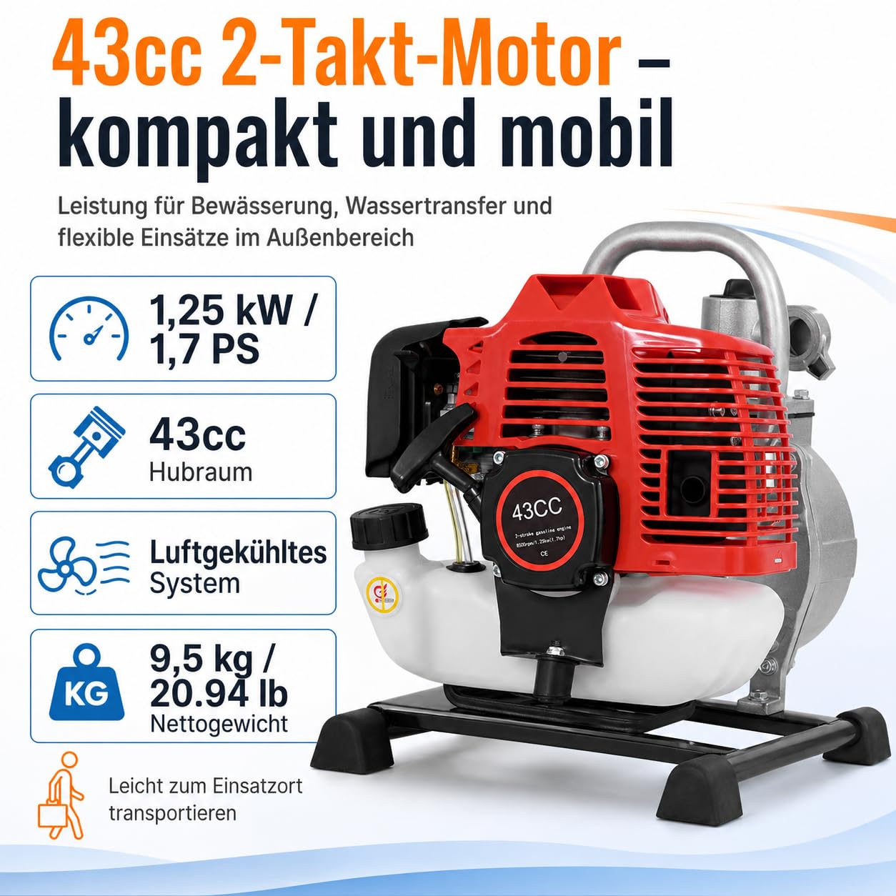 Bomba de agua de gasolina de 2 tiempos, 43 cc, con 135 l/min (color plateado)