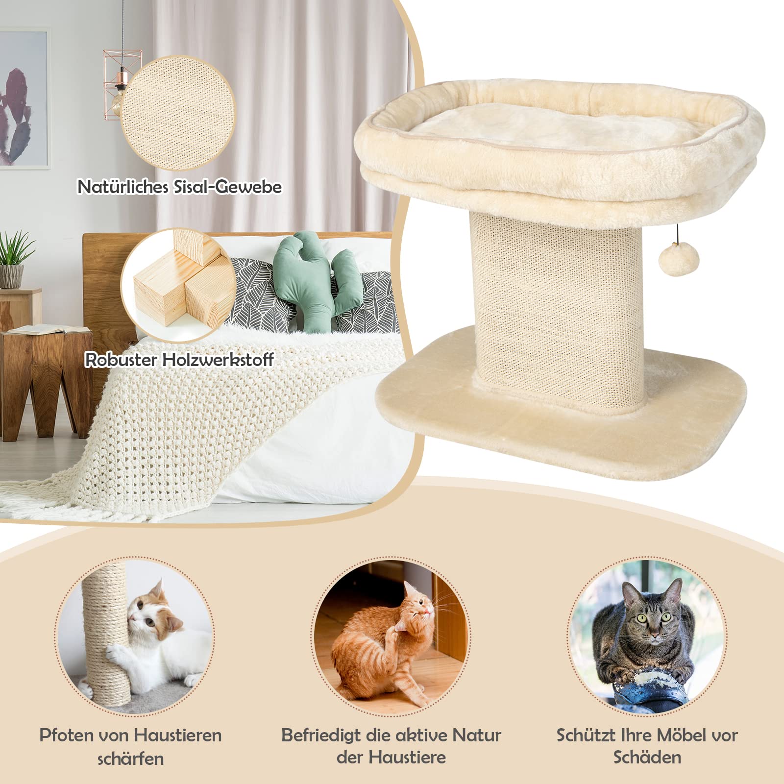 COSTWAY Kratzbaum Klein, 50cm hoch, Katzenbaum mit weicher Plüschsitzfläche & Sisal-Kratzsäule & Ball, Katzenkratzbaum Holz, Katzen Katzenmöbel Kletterbaum, Aktivitätsbaum Spielbaum (Beige)