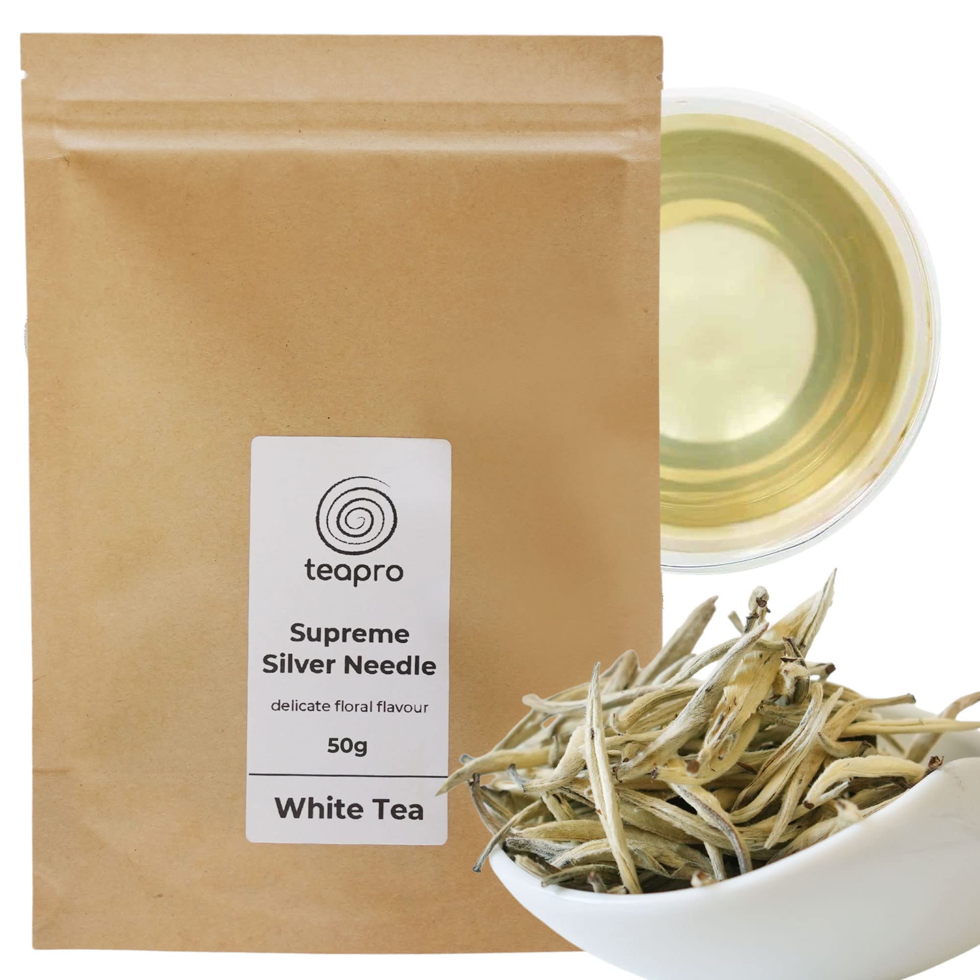 Teapro Supreme Silver Needle White Tea 50g | Bai Hao Yin Zhen Loose Leaf Tea | 1st Harvest Pure Unblended Silver Needle Tea | Chinese White Tea