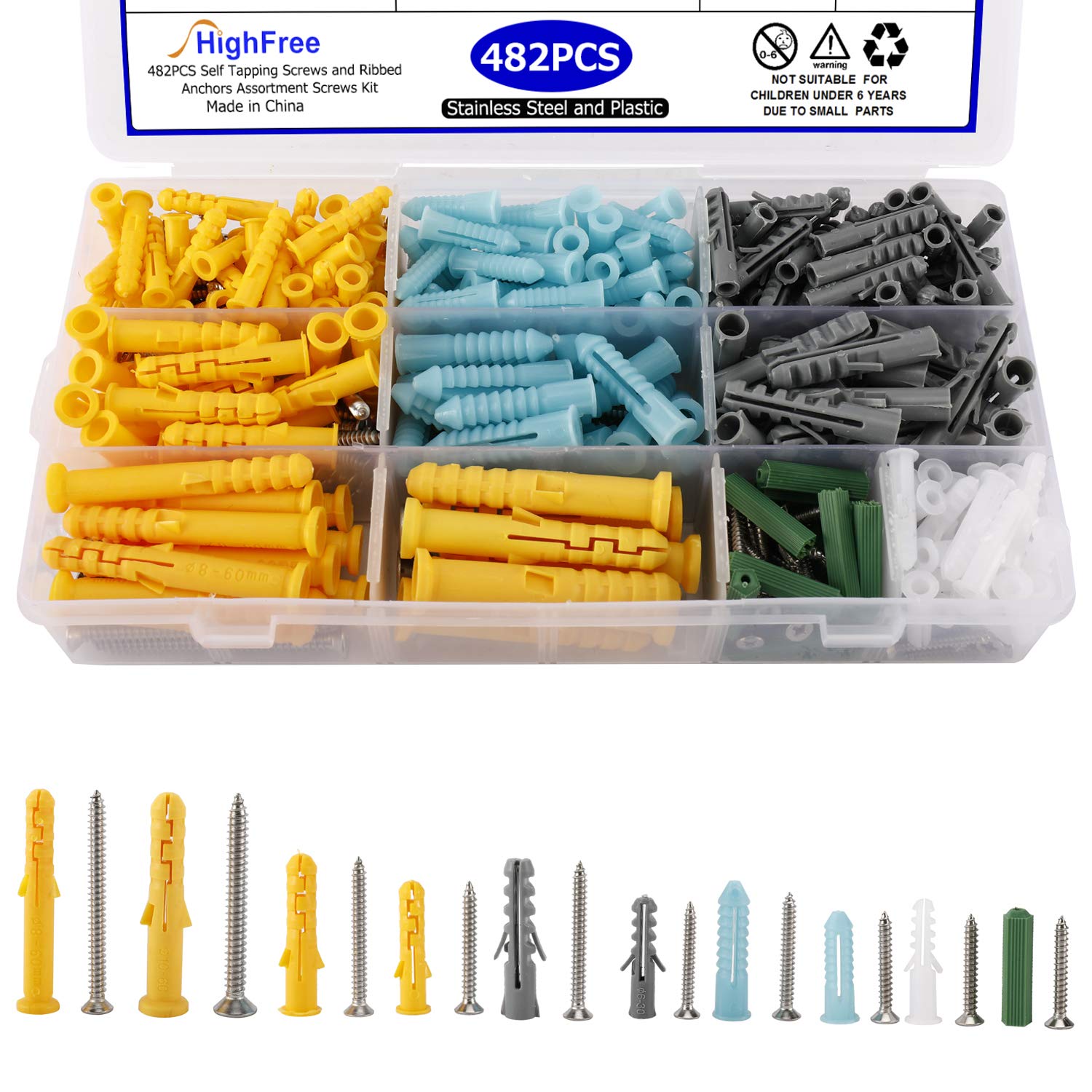 HighFree 482pcs Plastic Drywall Wall Anchor Screws Assortment Kit M10