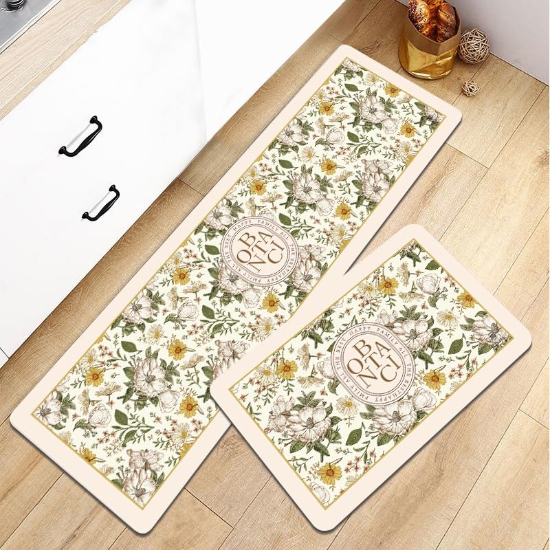 Image of HomeCloud Rubber Kitchen Mats for Floor Set of 2 Pcs|Non-Skid, Soft Absorbent Rugs for Kitchen, Laundry, and Hallway|120x40cm, 40x60cm| 4mm Thickness (Botanica Beige Green)