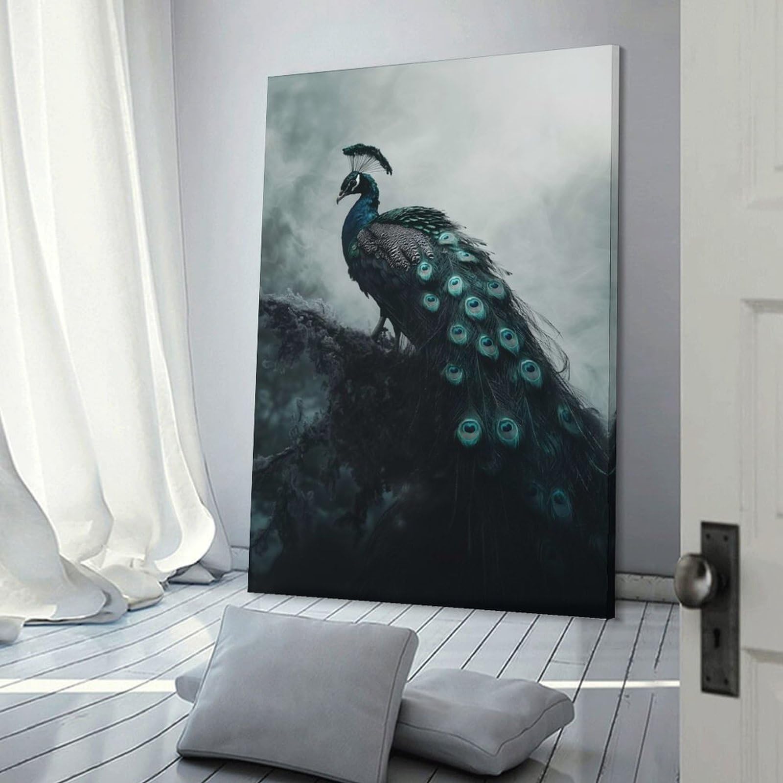 Junmoney Frame-Style-21 Peacock In Fog Canvas Wall Art, 24X36inch(60X90cm), For Living Room, Bedroom Or Apartment Walls, Decorative Artwork For Empty Walls
