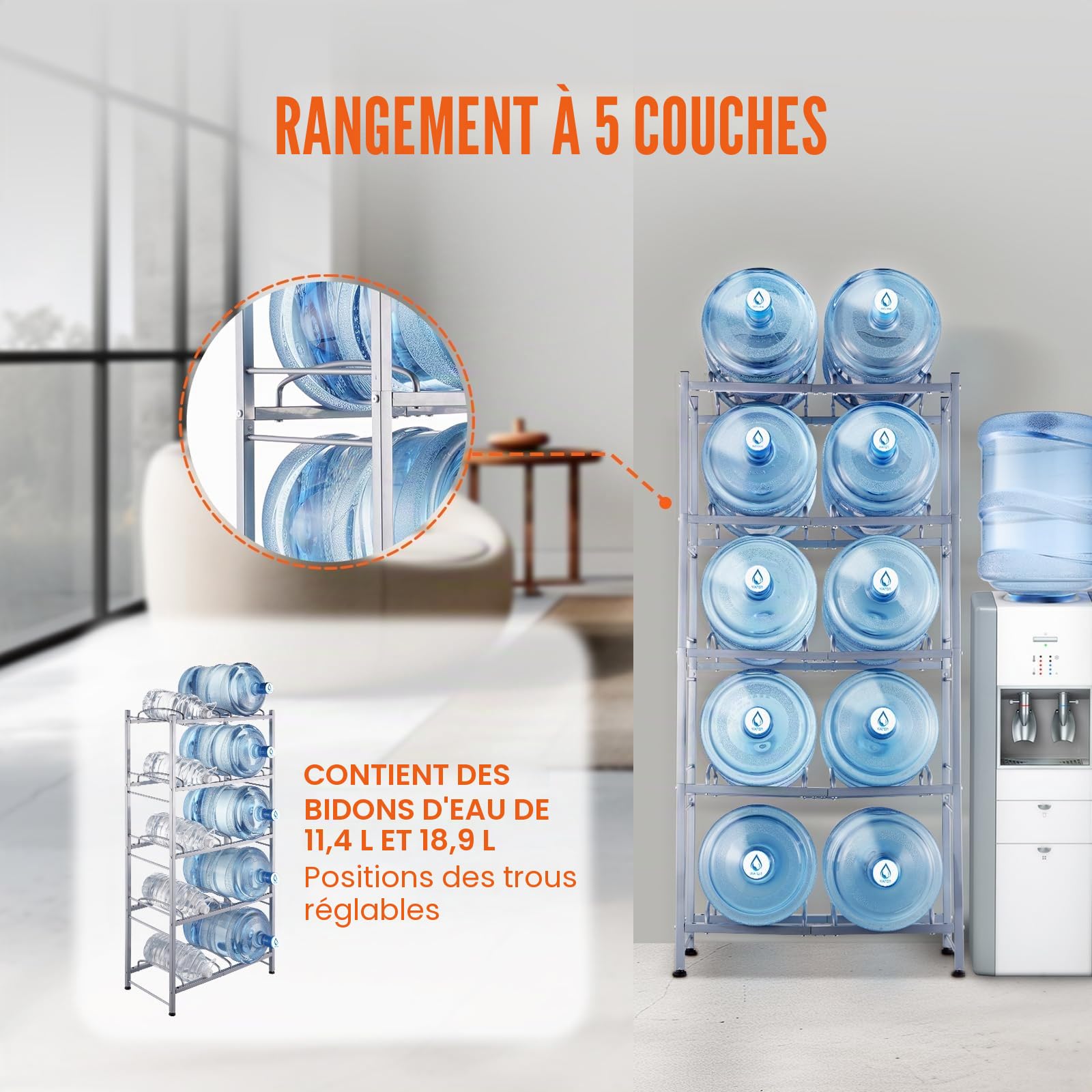 VEVOR Rack à Bonbonnes à 5 Niveaux et 2 Rangées, Support Bouteille d’Eau de 18,9 L, Capacité 10 Pièces, Range Bonbonnes d’Eau Solide, Rangement pour Garde-Manger, Cuisine, Bureau, Salon, Usine