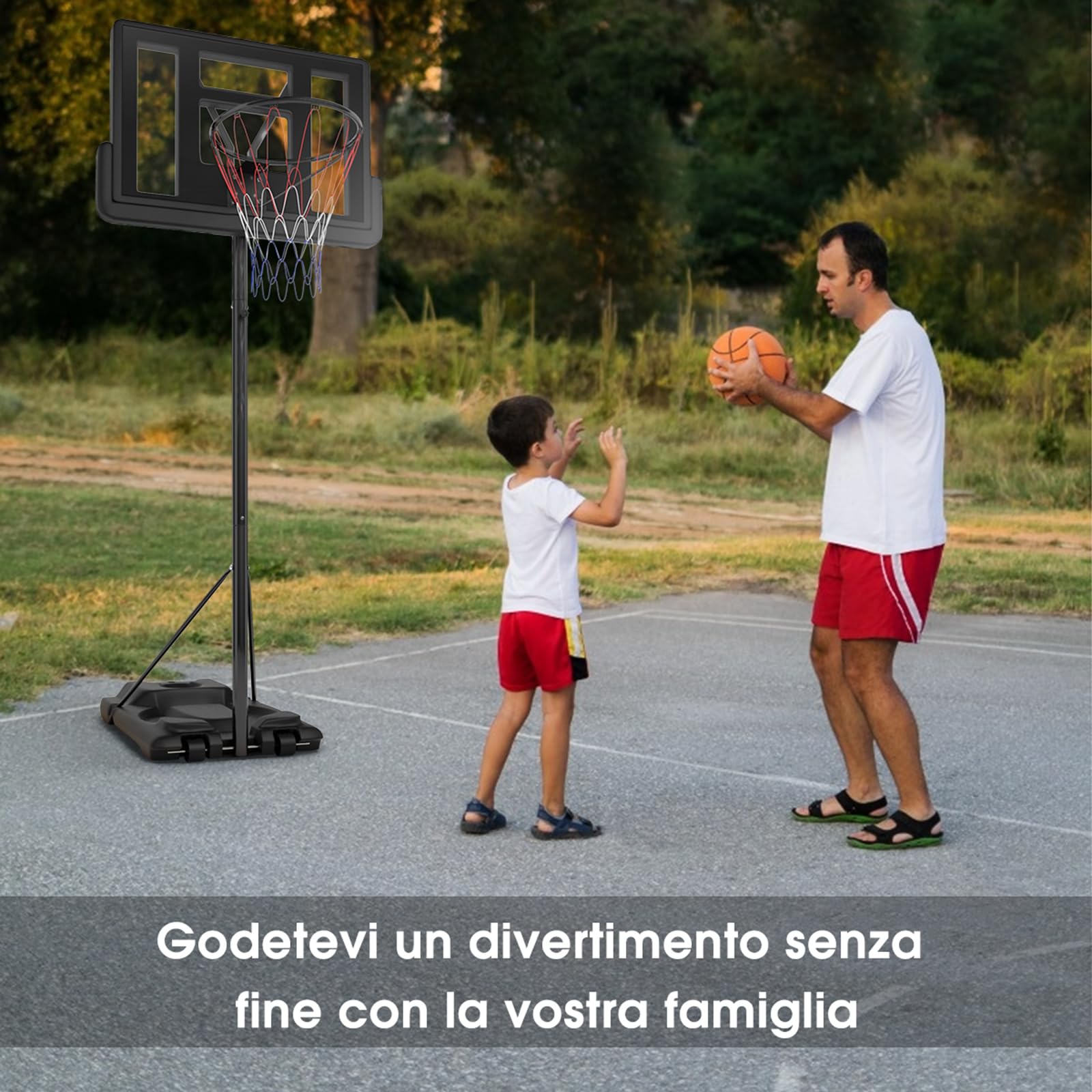 COSTWAY Canestro da Basket Portatile e Regolabile 180-305 cm, Canestro da Basket da Esterno ed Interno con Tabellone Resistente, Rete di Nylon e Base Riempibile, Ideale per Adolescenti e Adulti