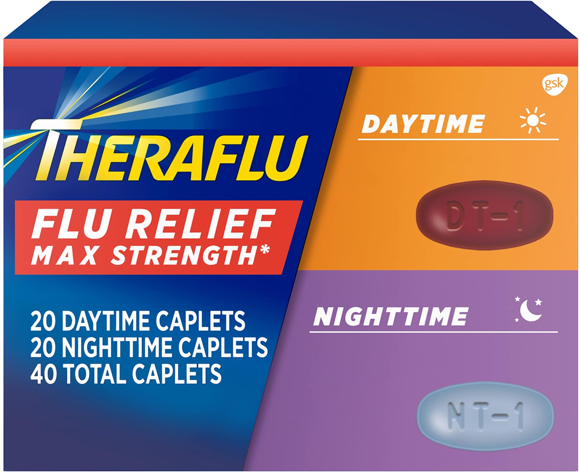 Theraflu Max Strength Flu Symptom Relief - 20 Caplets Plus Theraflu Max Strength Nighttime Flu Medicine for Flu Symptom Relief- 20 Caplets Combo Pack