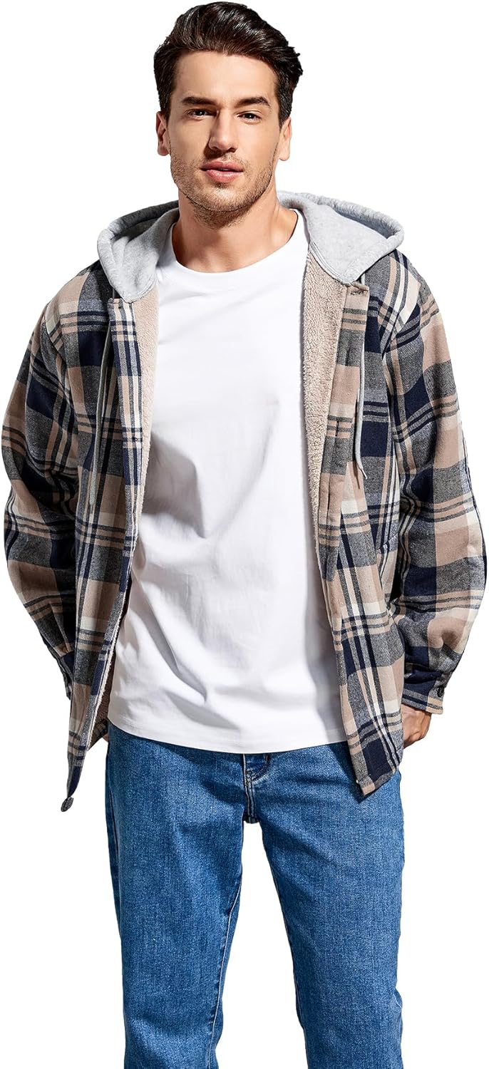 Men's Cotton Plaid Shirts Jacket Fleece Lined Flannel Shirts Sherpa Button Down Jackets with Hood for Men - Image 5