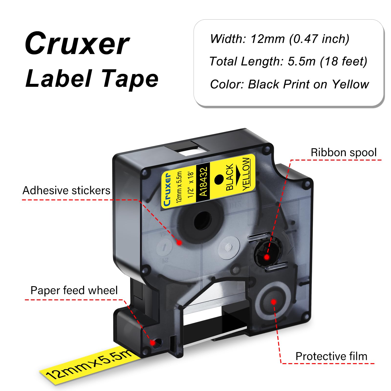 Cruxer Paquete de 30 cintas de etiquetas de vinilo compatibles con Dymo IND 18432 S0718450 A18432, negro sobre amarillo, 12 mm x 5,5 m, repuesto para Dymo Rhino 1000 4200 6000 LabelWriter 450 Duo ILP